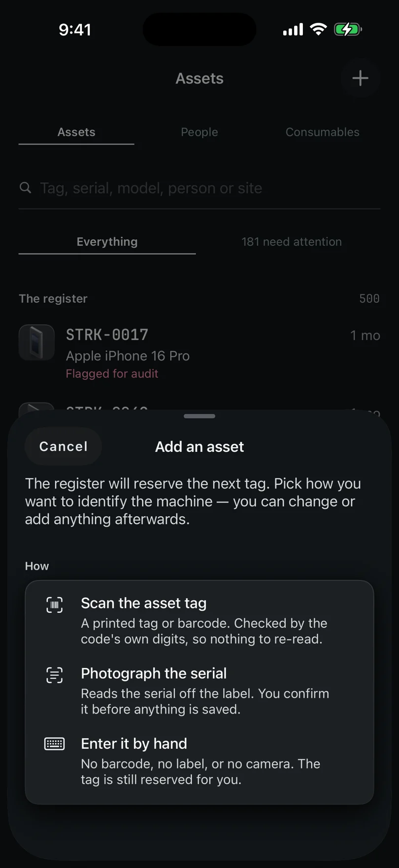 The Add an asset chooser on iPhone, offering Scan the asset tag, Photograph the serial, and Enter it by hand