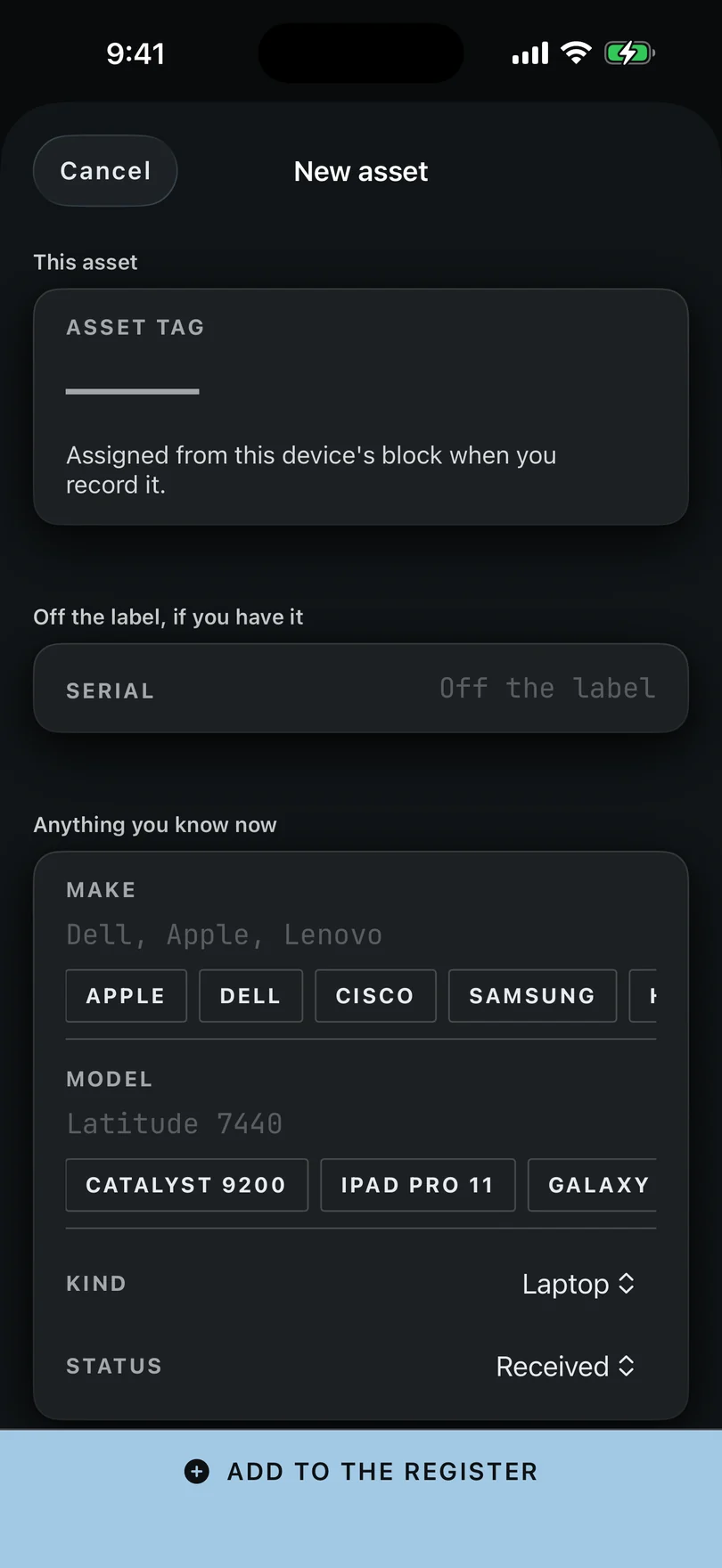 The New asset form on iPhone: an asset tag assigned from this device's block, a serial field, make, model, kind and status, and a site