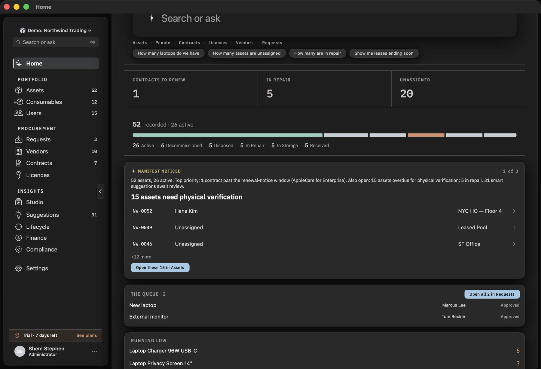 Starkive Manifest on macOS: the Home screen with 52 assets, contracts to renew, and machines needing physical verification