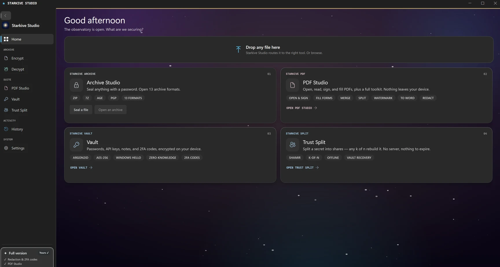 Starkive Studio on Windows, showing its four tools in one window