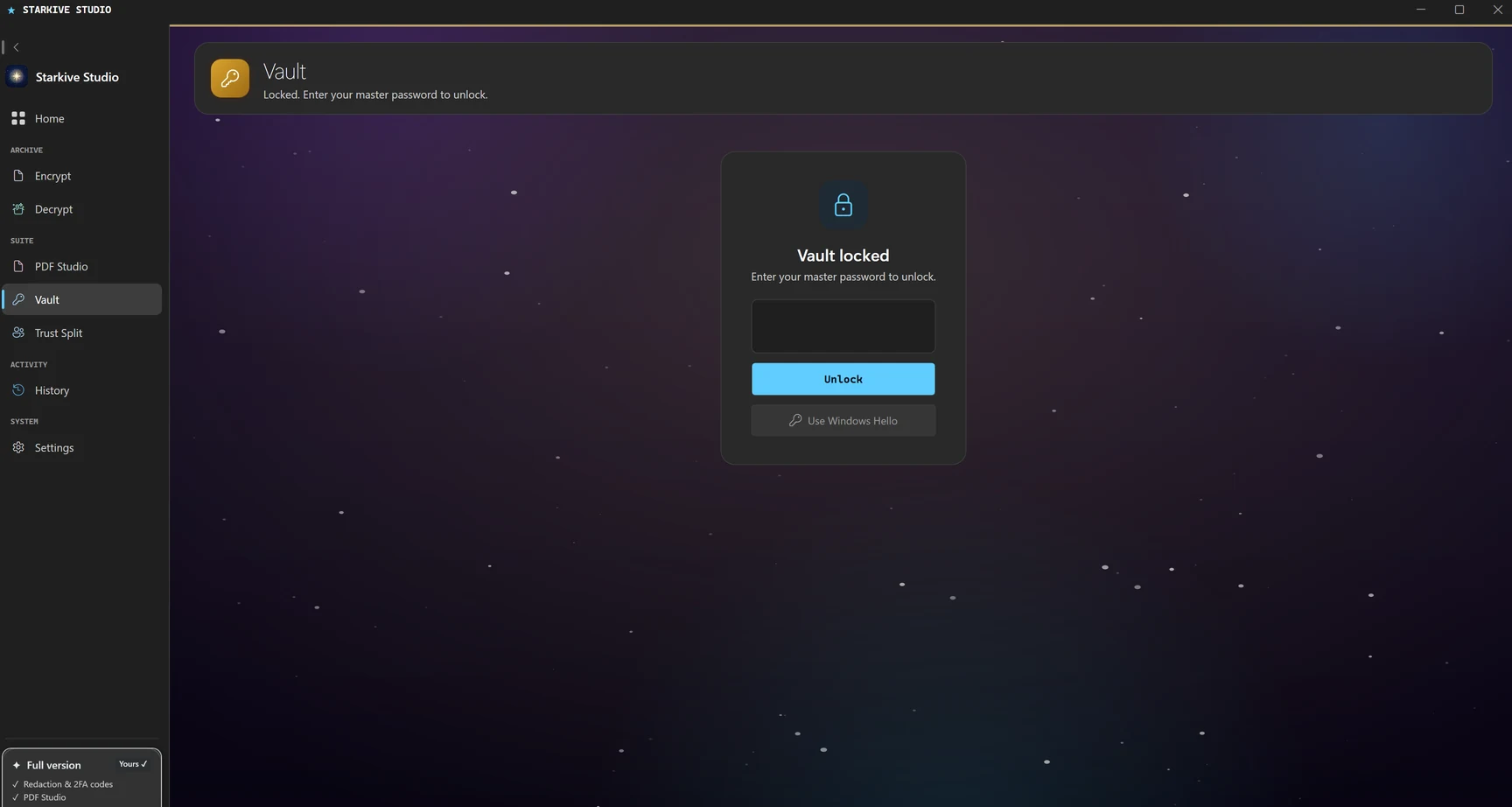 The Starkive Vault locked screen, asking for the master password, with a Use Windows Hello option beneath it