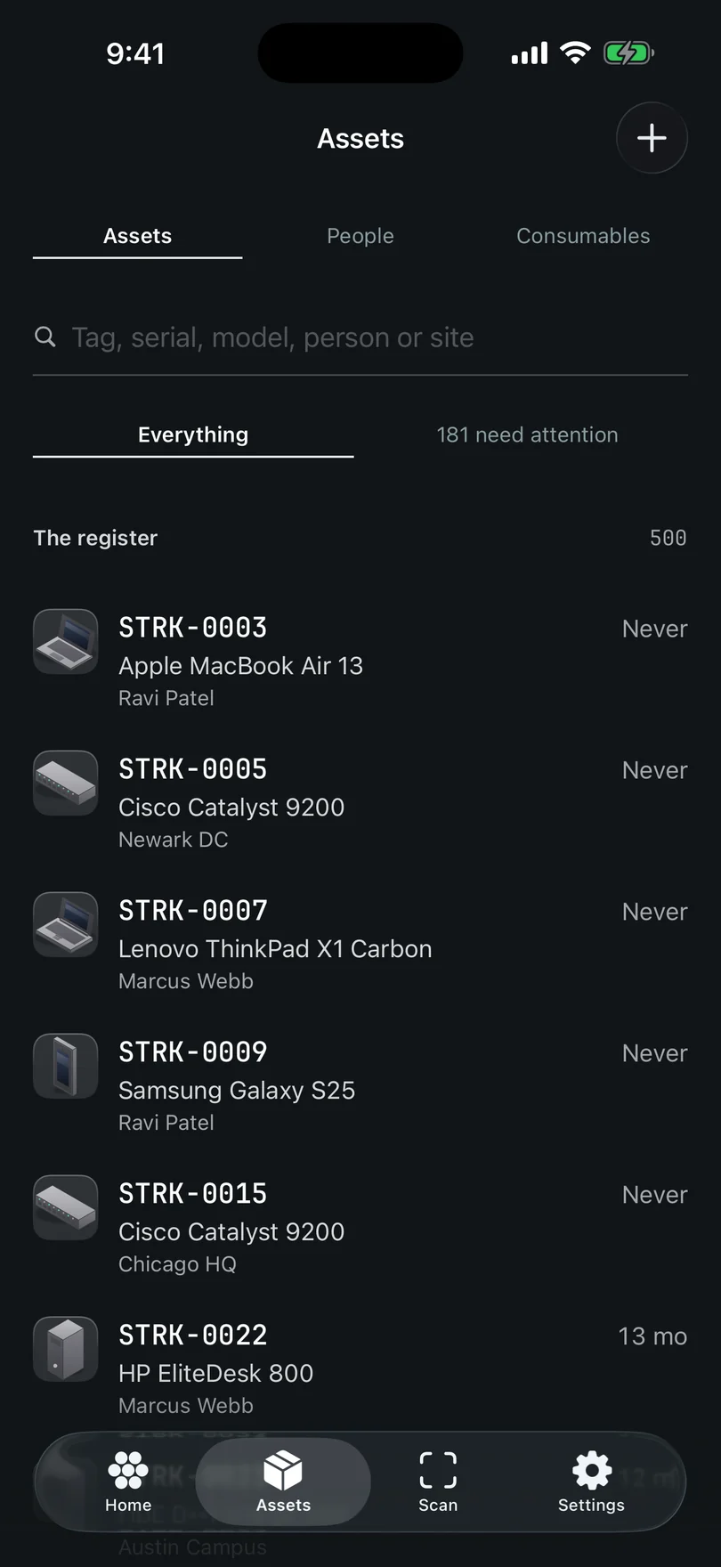The Manifest asset list on iPhone: 500 records with tag, model, holder, location and status