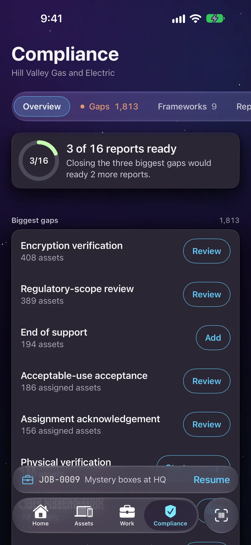 The Compliance tab on iPhone: a ring reading 3 of 16 reports ready and the biggest gaps, each with one next step