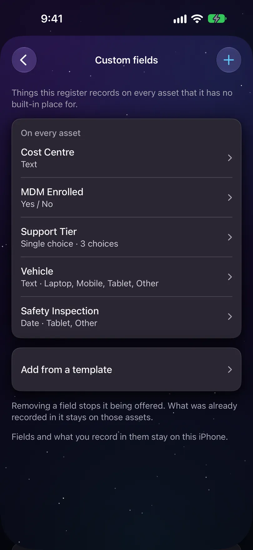 The Fields screen on iPhone: Show assets by with Asset tag, Serial number and Hostname, then built-in fields each with Shown and Required switches, then the register's own fields with a + at the top, and Add from a template