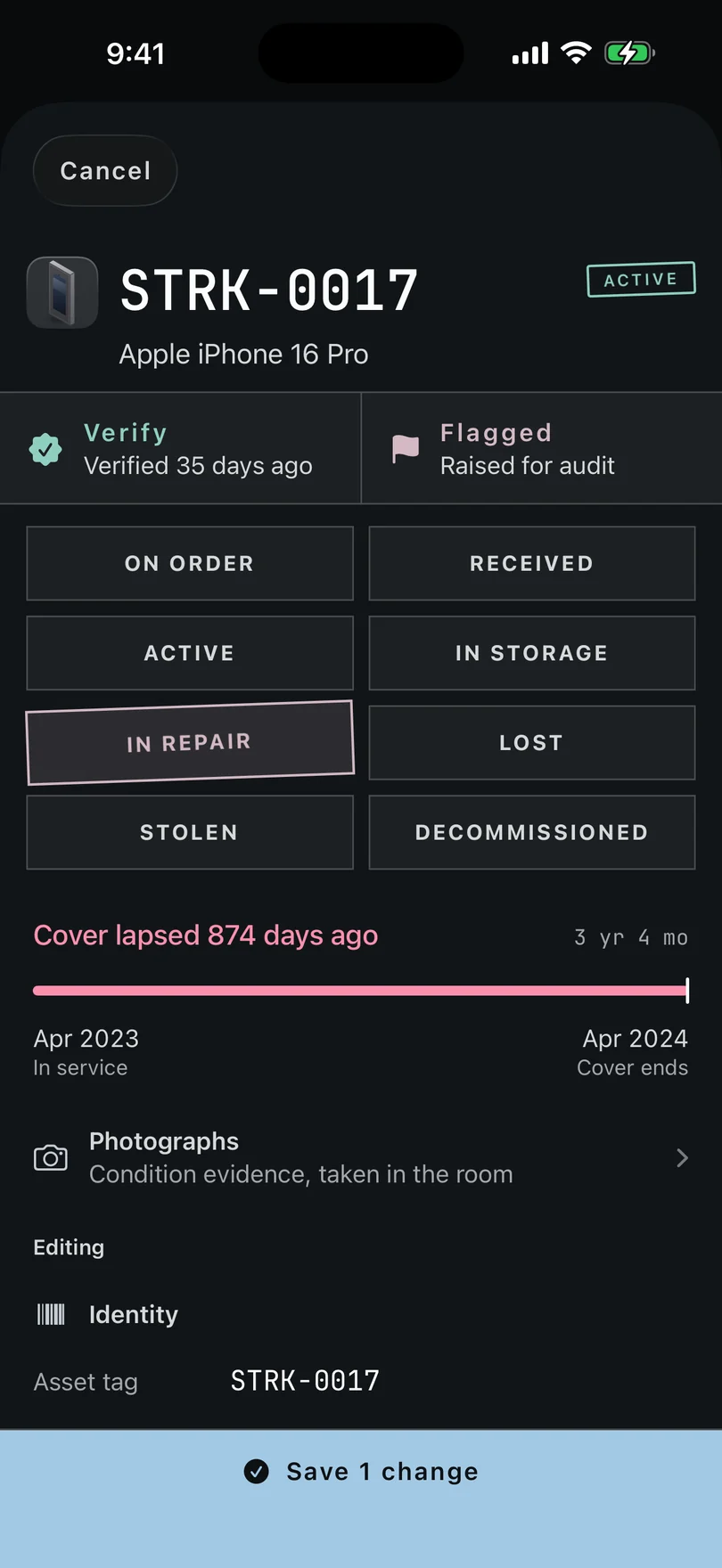 A Manifest record in its editing state: a status grid with IN REPAIR staged, the heading changed to Editing, and a Save 1 change bar along the bottom