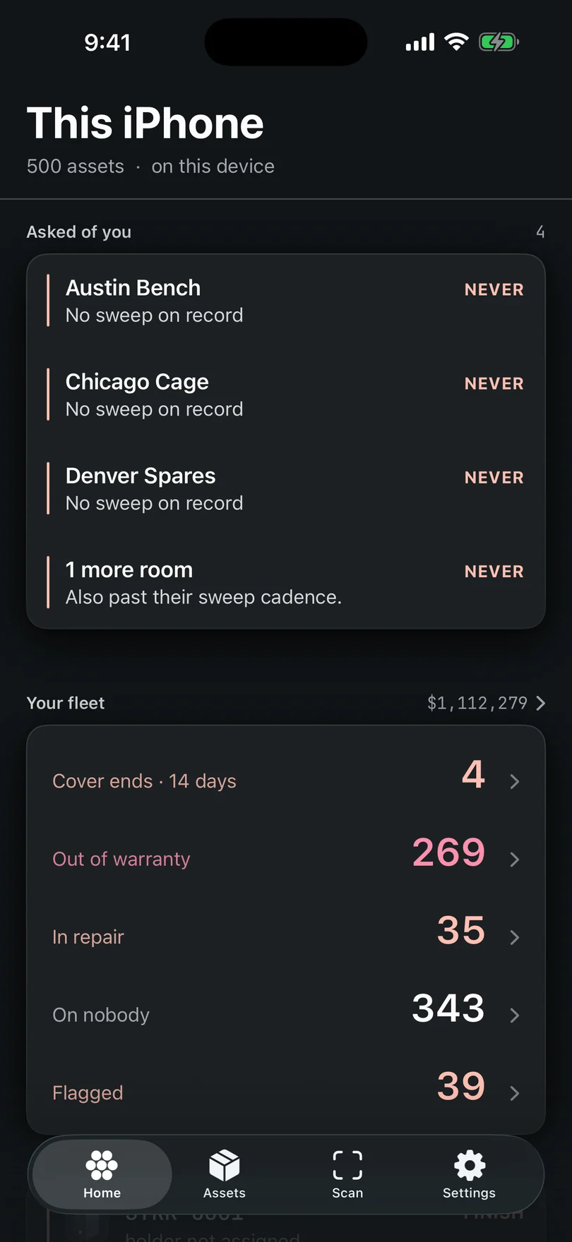 Starkive Manifest on iPhone: 500 assets held on this device, four rooms past their sweep cadence, and a fleet worth $1,112,279