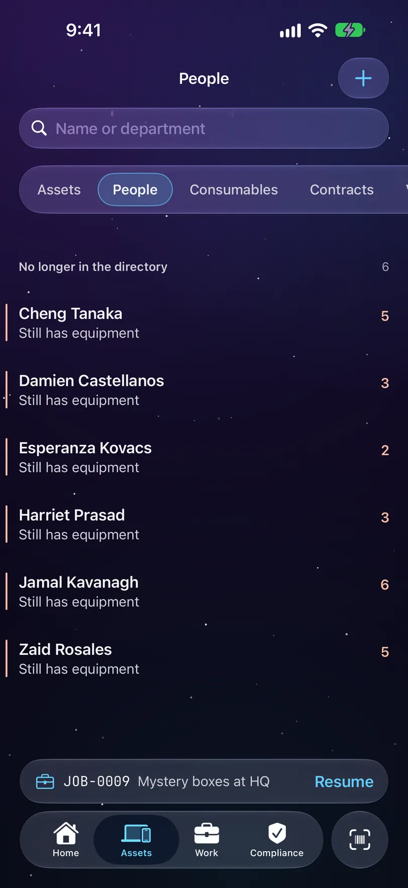 The People list on iPhone, scrolled to No longer in the directory: people who have left and still hold kit