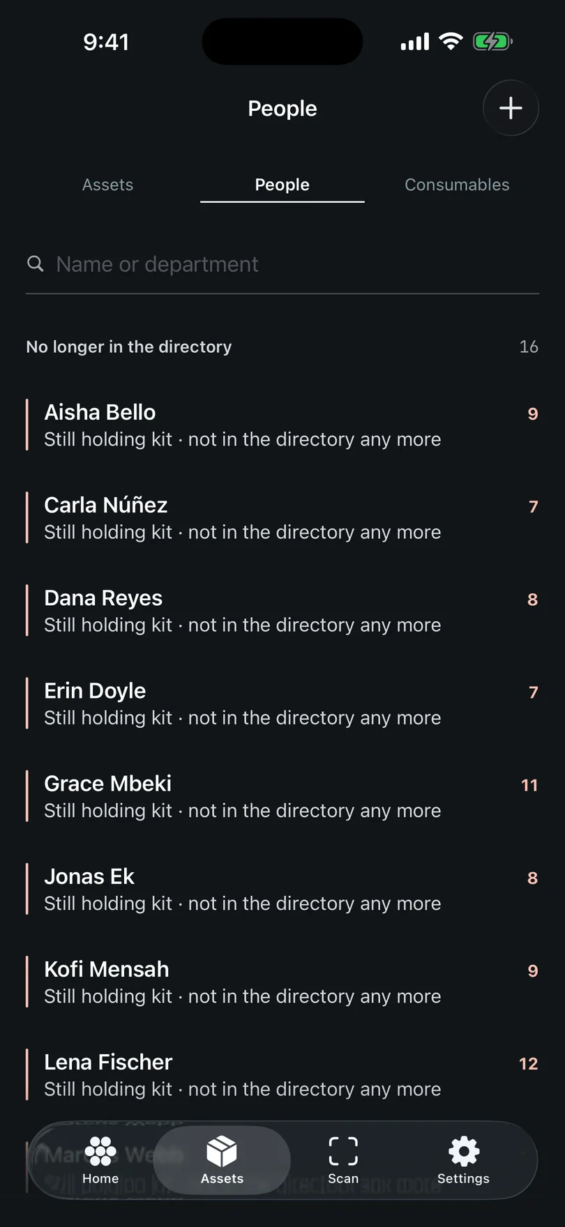 The People tab on iPhone, listing sixteen people no longer in the directory who are still holding kit