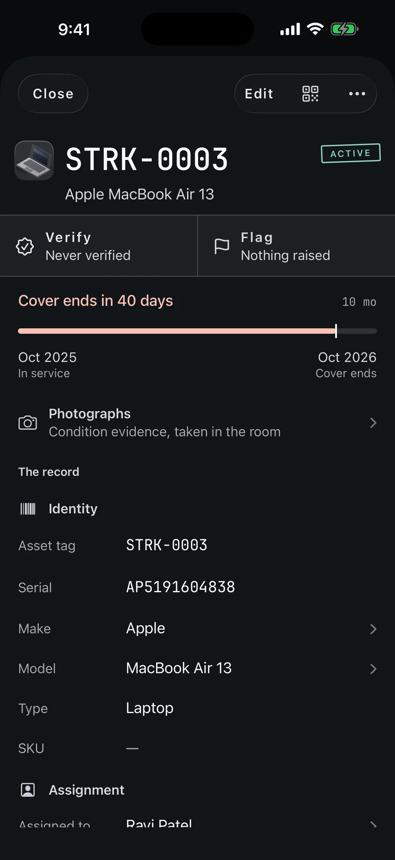 A Manifest asset record on iPhone, grouped into identity and assignment, with Verify and Flag ceremonies and a warranty gauge