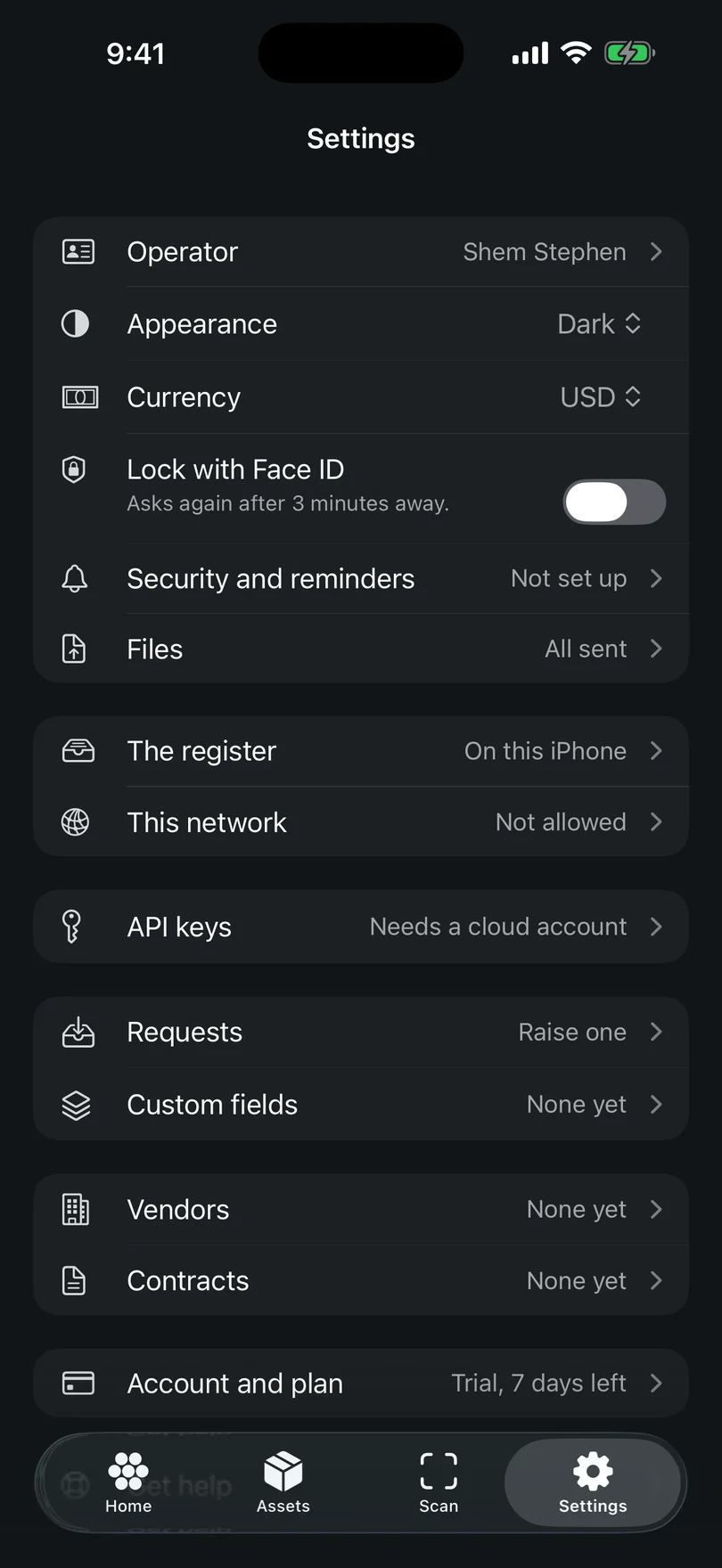Settings on iPhone: the register reads On this iPhone and this network reads Not allowed