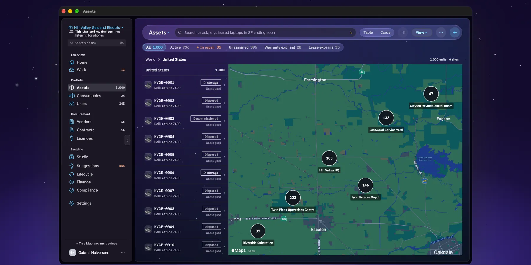 The Assets map on the Mac at World, United States: 1,000 units across 6 sites, the list of machines down the left, and six count discs on the map for Hill Valley HQ 303, Twin Pines Operations Centre 223, Lyon Estates Depot 146, Eastwood Service Yard 138, Clayton Ravine Control Room 47 and Riverside Substation 37.