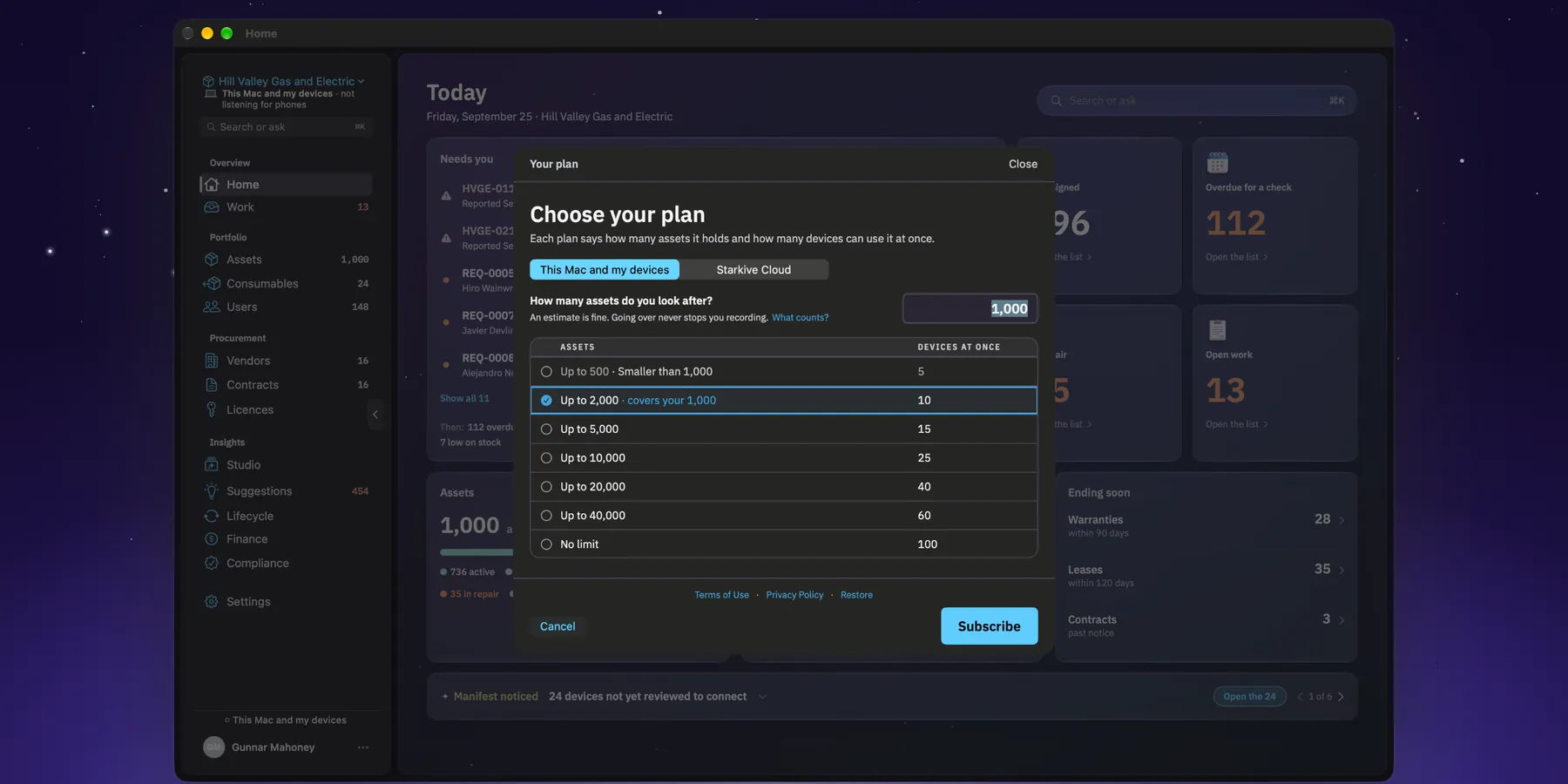 Choose your plan on the Mac: a switch for This Mac and my devices or Starkive Cloud, a box for how many assets you look after, and tiers from up to 500 to no limit, each with how many devices it covers at once. No prices are shown in the picture.