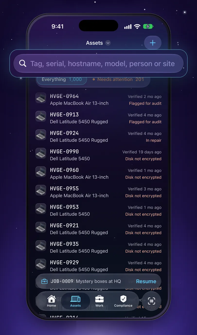 The Assets tab on iPhone with its search field enlarged, reading Tag, serial, hostname, model, person or site, over a list of Hill Valley machines with when each was last verified.