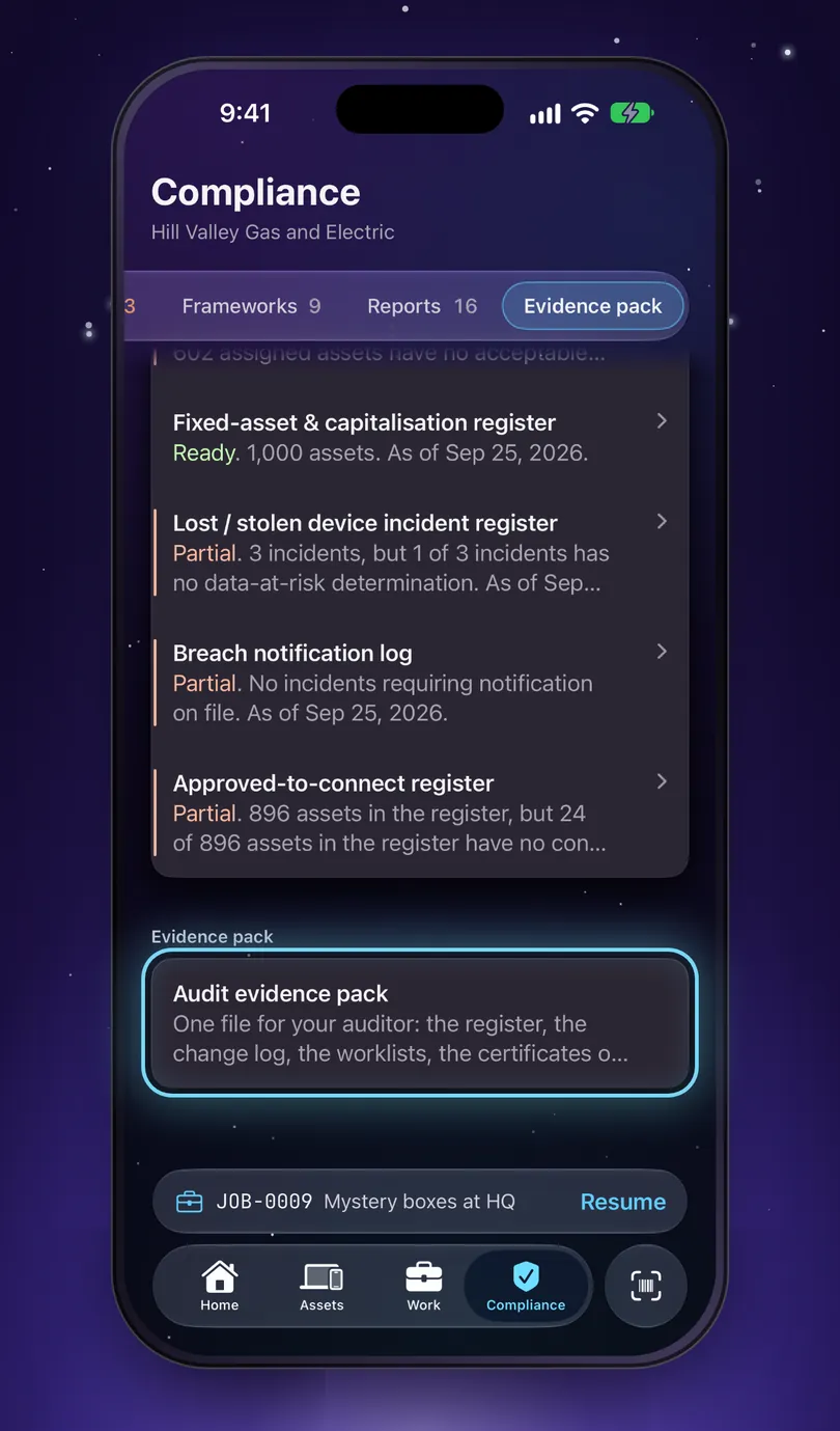 The Evidence pack tab on iPhone, with the Audit evidence pack row highlighted: one file for your auditor with the register, the change log, the worklists and the certificates.