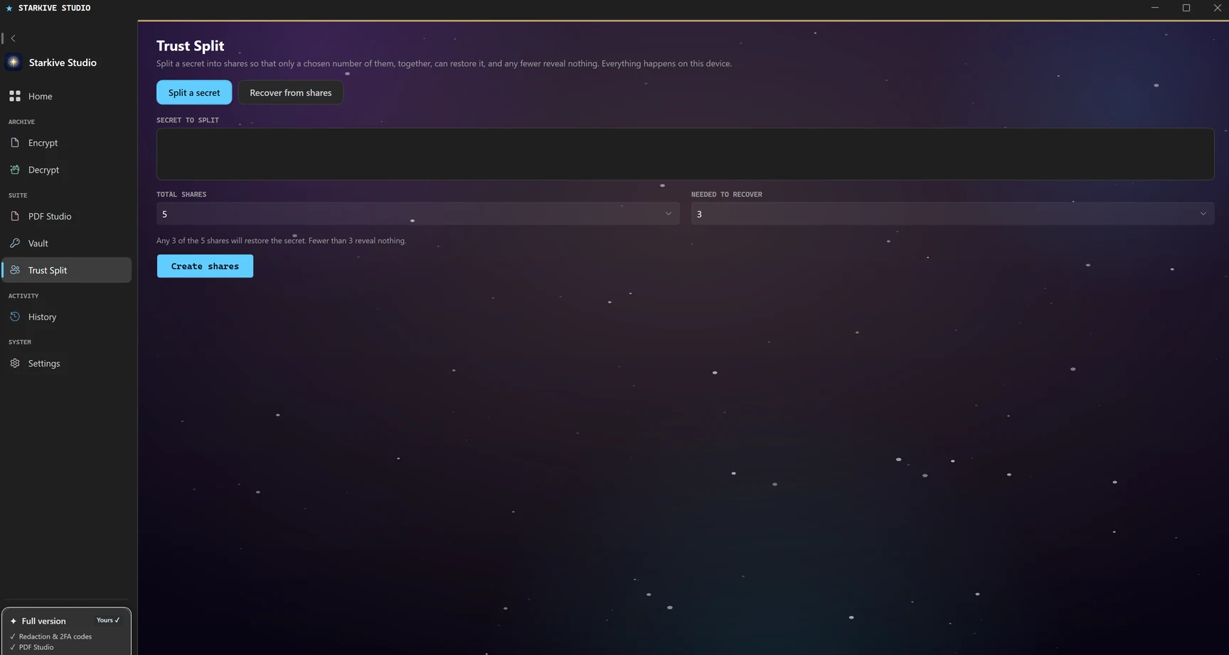 Trust Split in Starkive Studio: a box for the secret, a Total shares selector set to 5, a Needed to recover selector set to 3, and a Create shares button