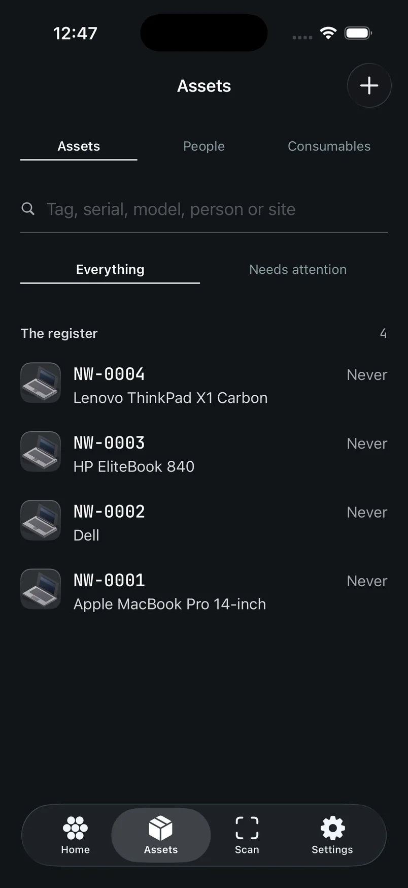 The Portfolio tab showing a segmented control reading Assets, People and Consumables, with Assets selected and a list of asset rows below.