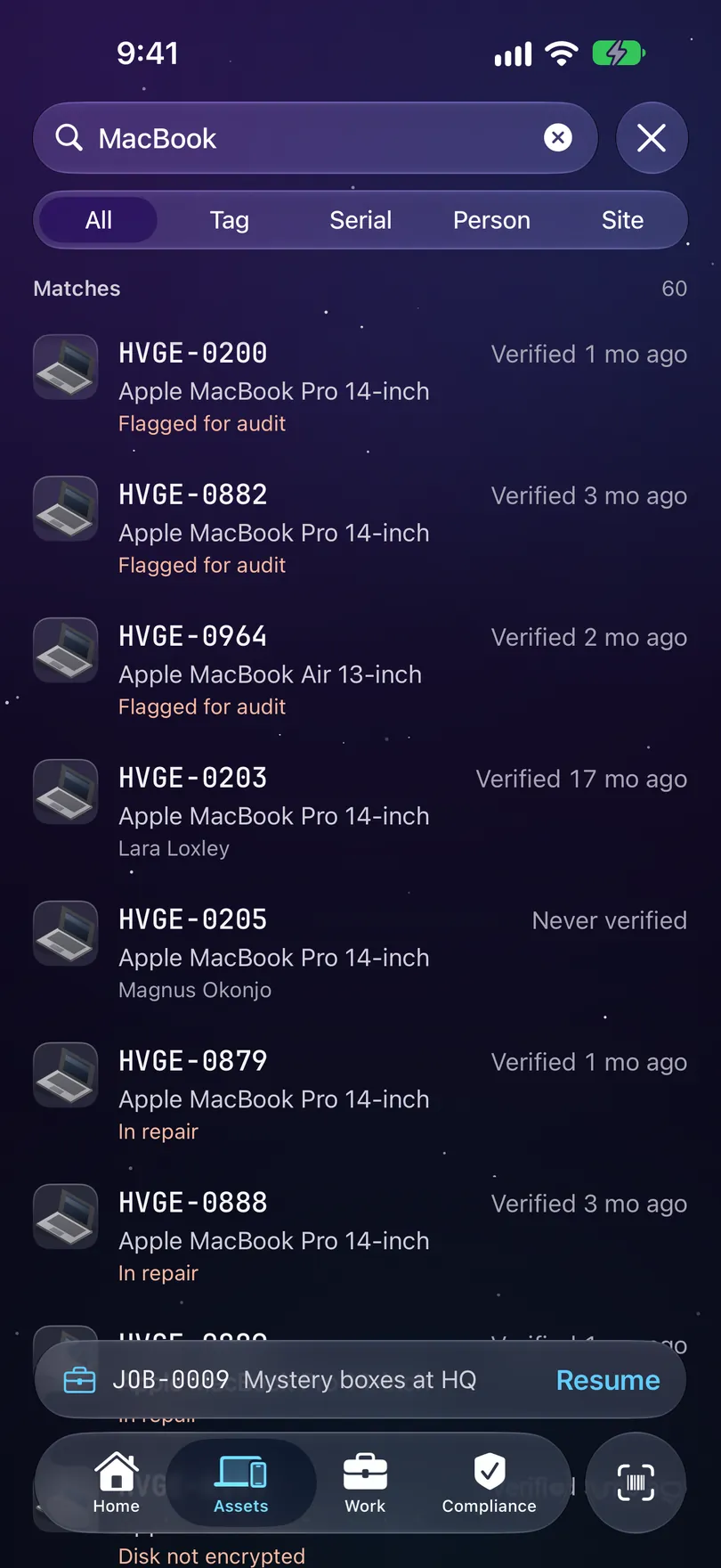 A search for MacBook on iPhone: the scope row reading All, Tag, Serial, Person and Site, and Matches, 60, listed by tag with when each was last verified.