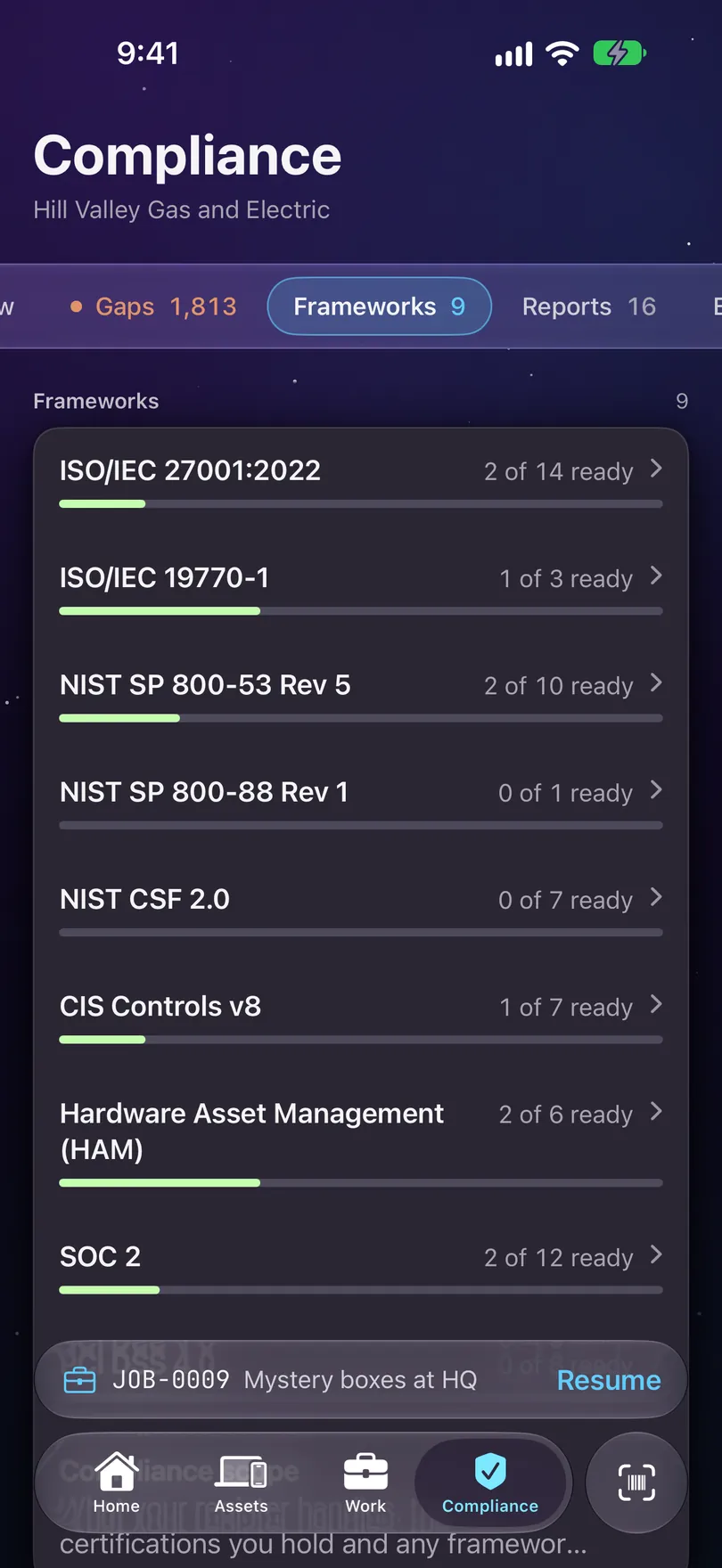 Frameworks on iPhone: ISO/IEC 27001:2022 2 of 14 ready, ISO/IEC 19770-1 1 of 3, NIST SP 800-53 Rev 5 2 of 10, NIST SP 800-88 Rev 1 0 of 1, NIST CSF 2.0 0 of 7, CIS Controls v8 1 of 7, Hardware Asset Management (HAM) 2 of 6 and SOC 2 2 of 12, each with a progress bar.