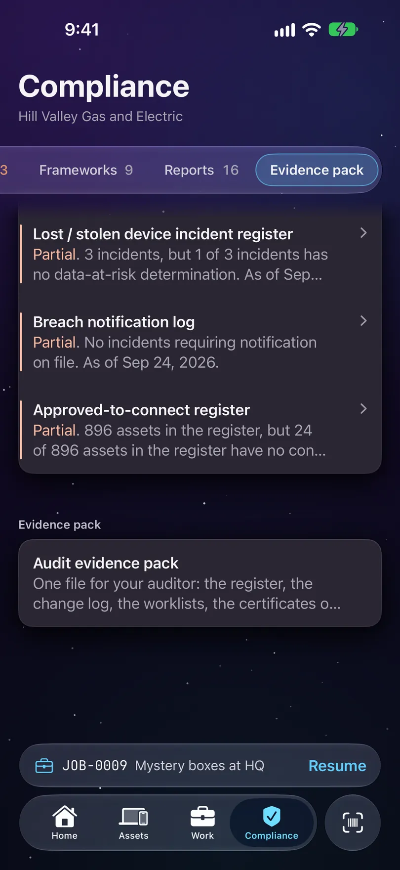 The foot of the Compliance tab on iPhone: reports marked Partial, like Lost / stolen device incident register, Breach notification log and Approved-to-connect register, then Evidence pack with Audit evidence pack: one file for your auditor.