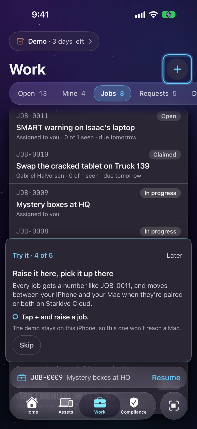 A demo card on iPhone: Every job gets a number like JOB-0011, and moves between your iPhone and your Mac when they're paired or both on Starkive Cloud., with the button Tap + and raise a job.