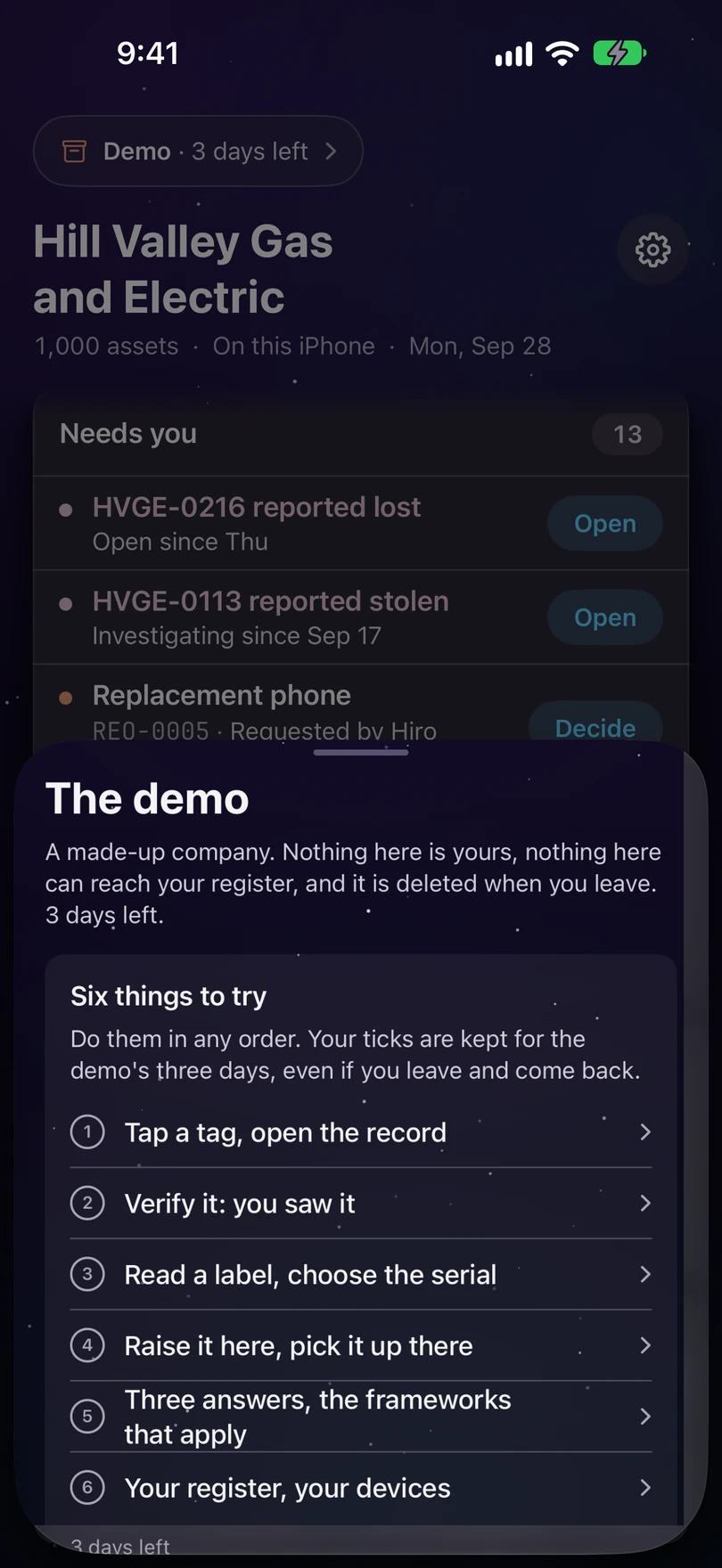 The demo sheet on iPhone, opened from the Demo pill: Six things to try with ticks and minutes, What am I looking at?, See plans, and Leave the demo.