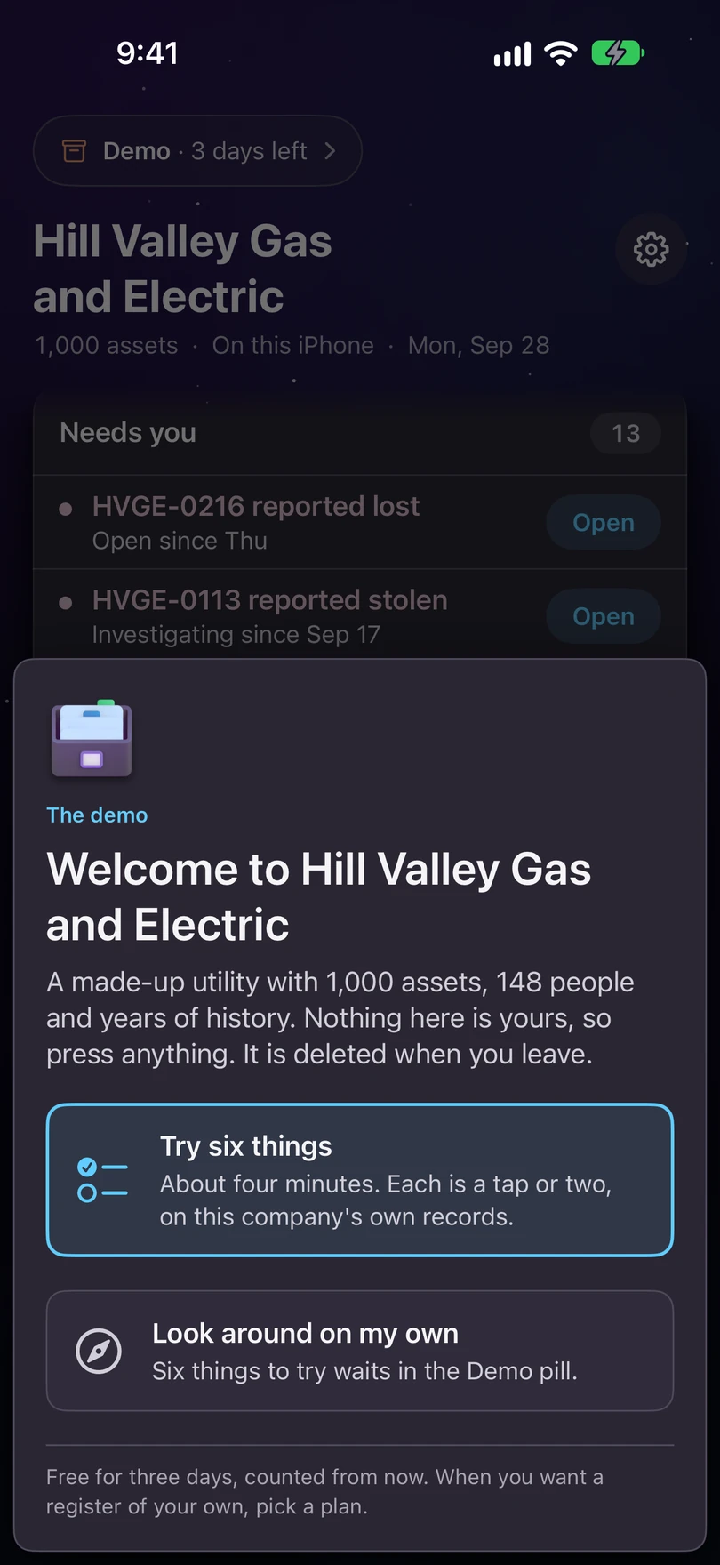 The demo's welcome card on iPhone: Welcome to Hill Valley Gas and Electric, with Try six things, About four minutes. Each is a tap or two, on this company's own records., and Look around on my own, Six things to try waits in the Demo pill.