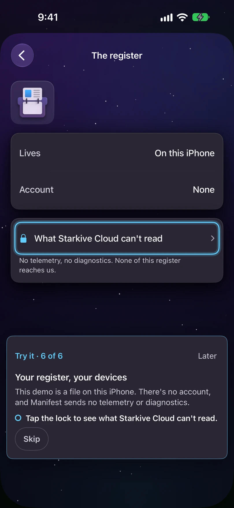 A demo card on iPhone: This demo is a file on this iPhone. There's no account, and Manifest sends no telemetry or diagnostics., with the button Tap the lock to see what Starkive Cloud can't read.