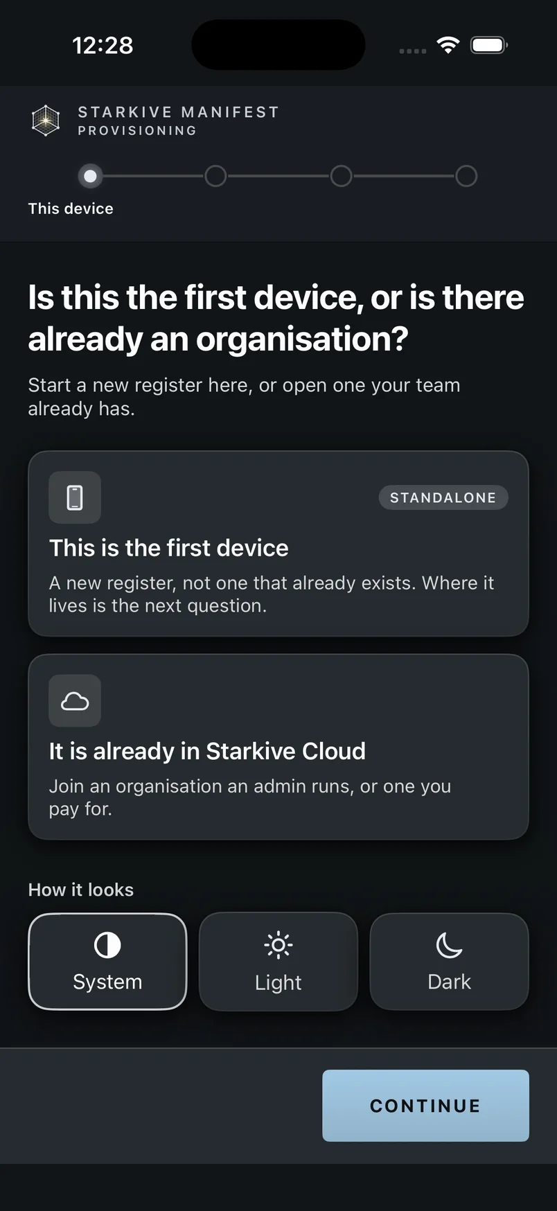 The first screen of phone setup, showing the question Is this the first device, or is there already an organisation, with cards for This is the first device, It is already in Starkive Cloud, and an appearance control below.