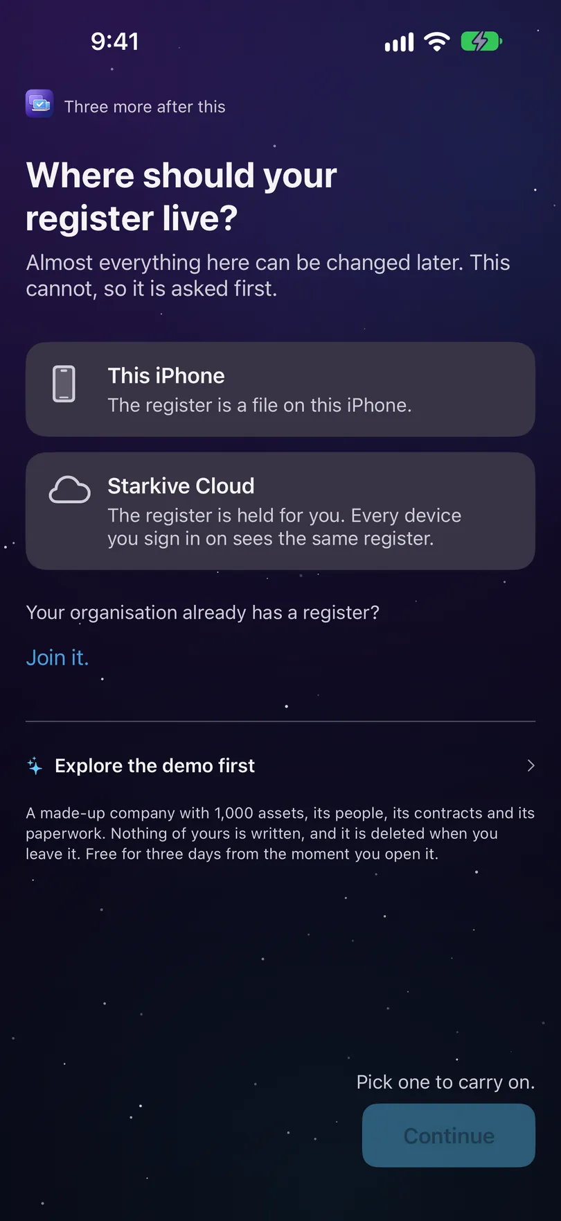 The first screen of setup on iPhone: Where should your register live? with This iPhone and Starkive Cloud, Your organisation already has a register? Join it., then Explore the demo first, and Pick one to carry on above a Continue button.