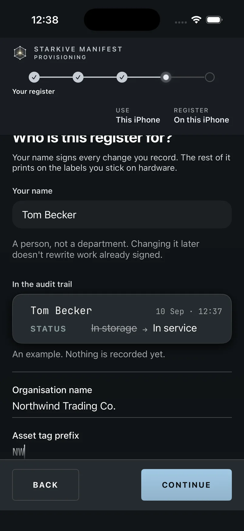 The identity step showing the Your name field with a name typed in, the SignaturePreview below it, and the Organisation name and Asset tag prefix fields further down.