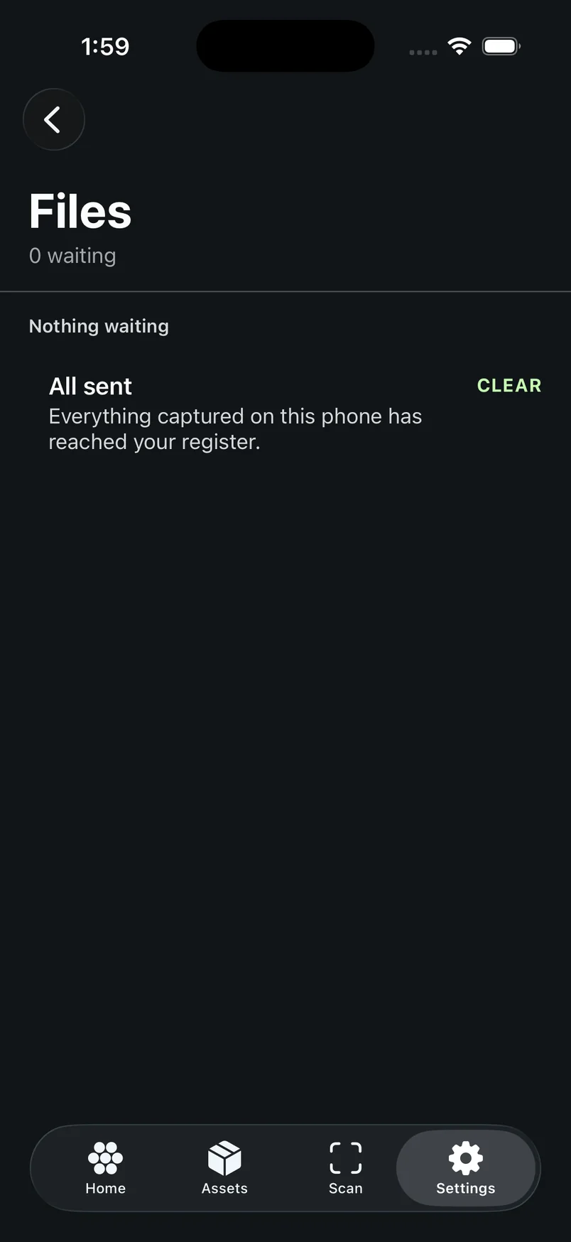 The Files screen on iPhone reading Files, 0 waiting, Nothing waiting, All sent, everything captured on this phone has reached your register.
