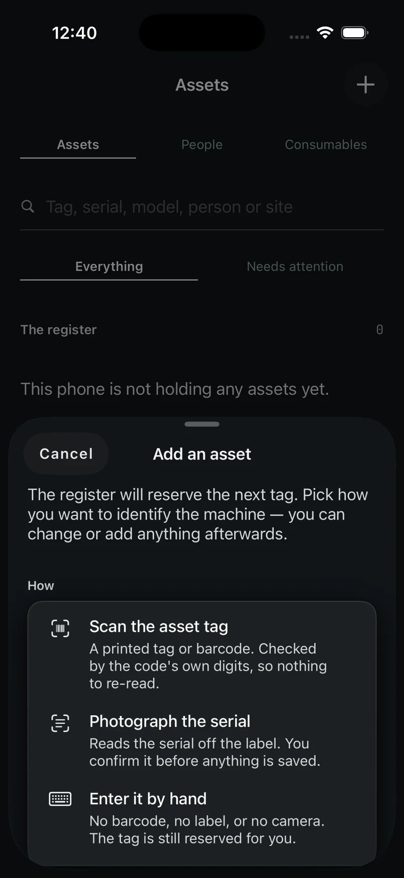 The Add an asset sheet offering Scan the asset tag, Photograph the serial, and Enter it by hand.