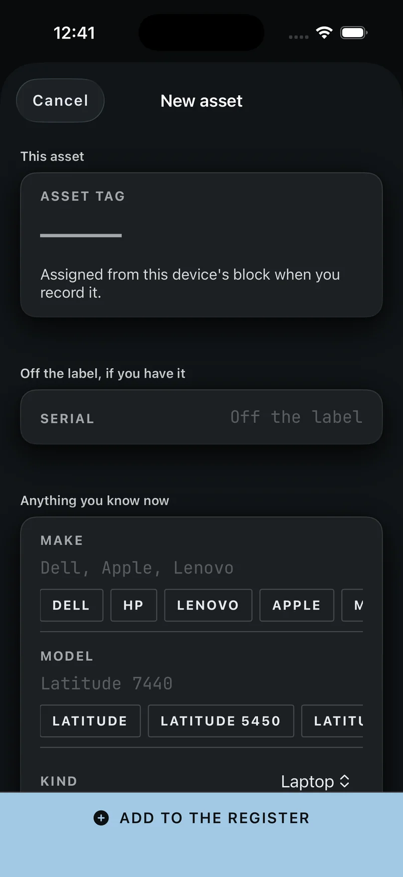 The New asset form with fields for asset tag, serial, make, model and kind, and quick chips for common makes.