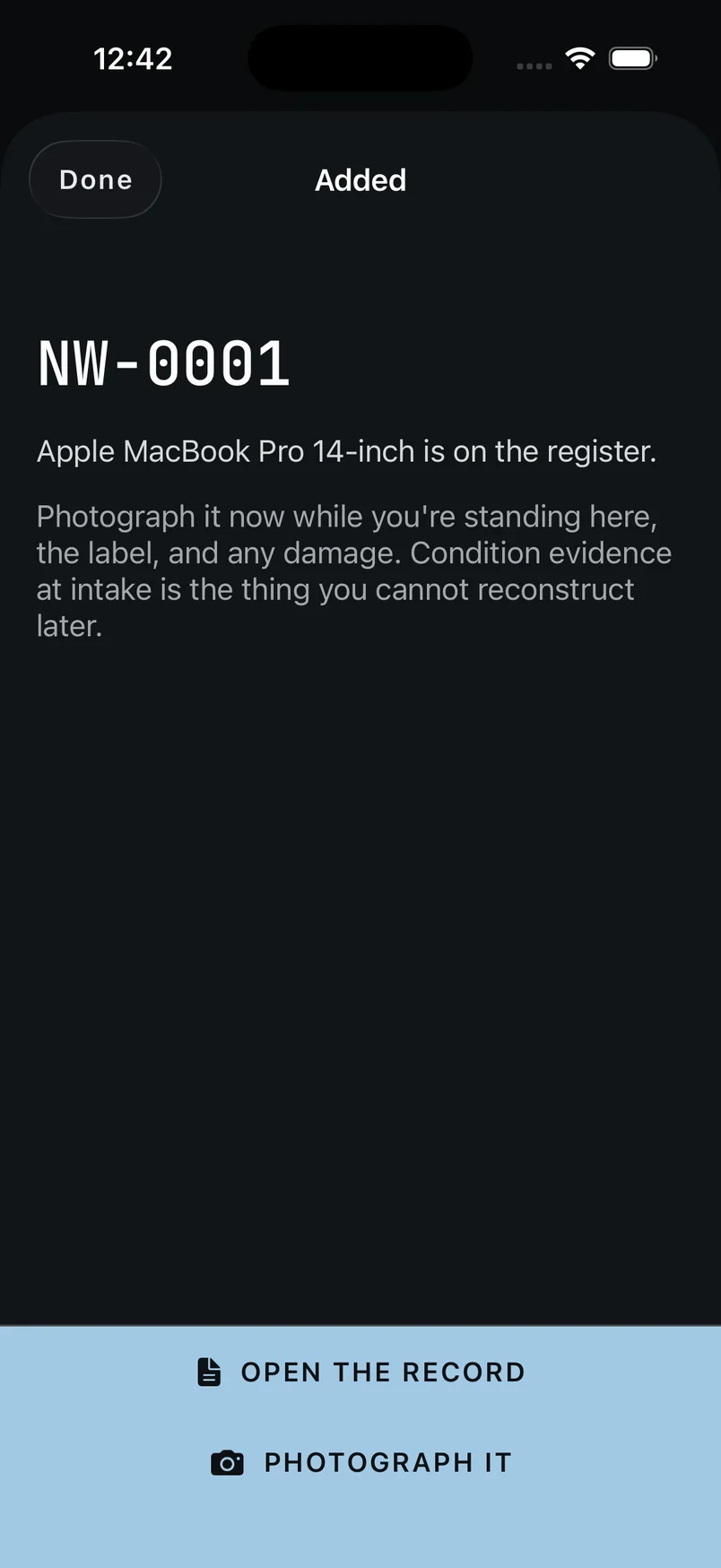 The confirmation reading NW-0001, Apple MacBook Pro 14-inch is on the register, offering to open the record or photograph it.