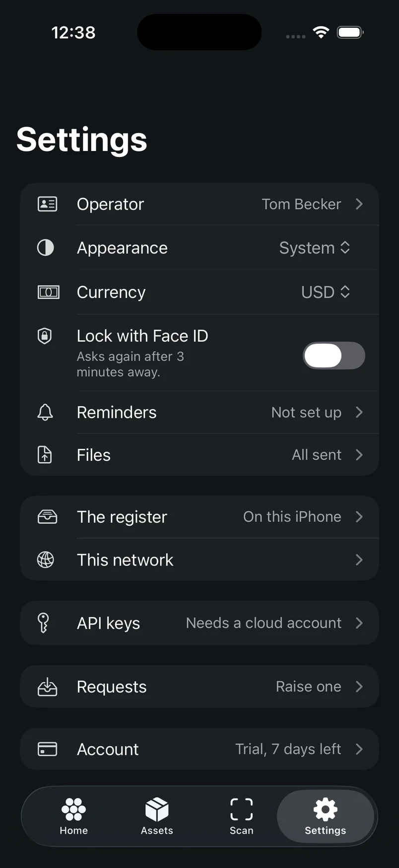 The Settings tab on iPhone, showing grouped rows: Operator, Appearance, Currency, Lock with Face ID, Reminders, Files, then The register, Other devices, API keys, Admins, Devices, Admin, then Requests, then Account.