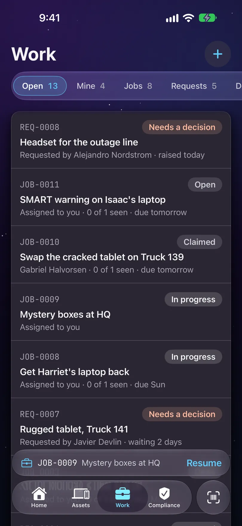 The Work tab on iPhone: glass chips reading Open 13, Mine 4, Jobs 8 and Requests 5, over numbered tickets: REQ-0008 Headset for the outage line, Needs a decision; JOB-0011 SMART warning on Isaac's laptop, Open; JOB-0010 Swap the cracked tablet on Truck 139, Claimed; JOB-0009 Mystery boxes at HQ, In progress.