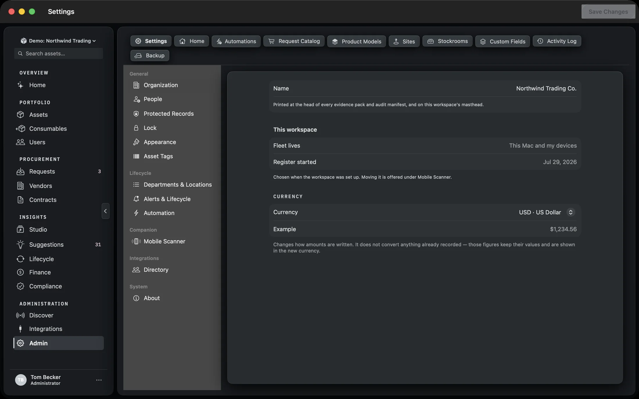 The Admin screen showing the wrapping row of tabs: Settings, Home, Automations, Request Catalog, Product Models, Sites, Stockrooms, Custom Fields, Activity Log and Backup.