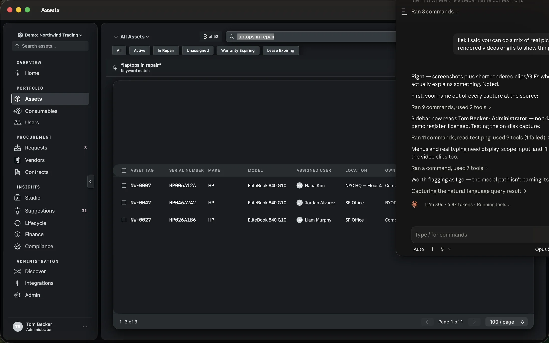 The Assets screen after asking a question, showing a banner with the question and the words Keyword match above three matching rows.