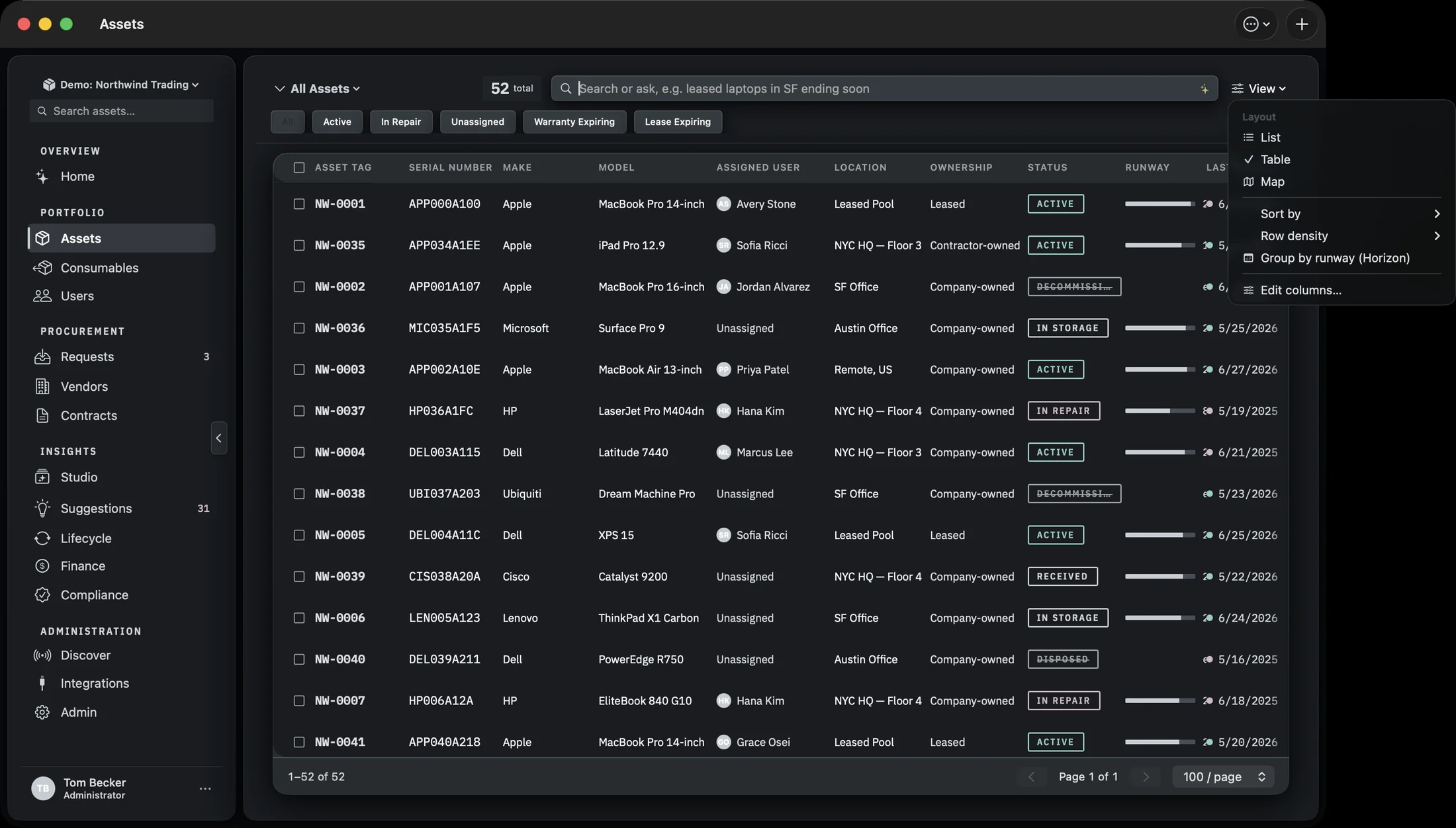The View menu open over the Assets table, showing Layout with List, Table and Map, then Sort by, Row density, Group by runway (Horizon), and Edit columns.