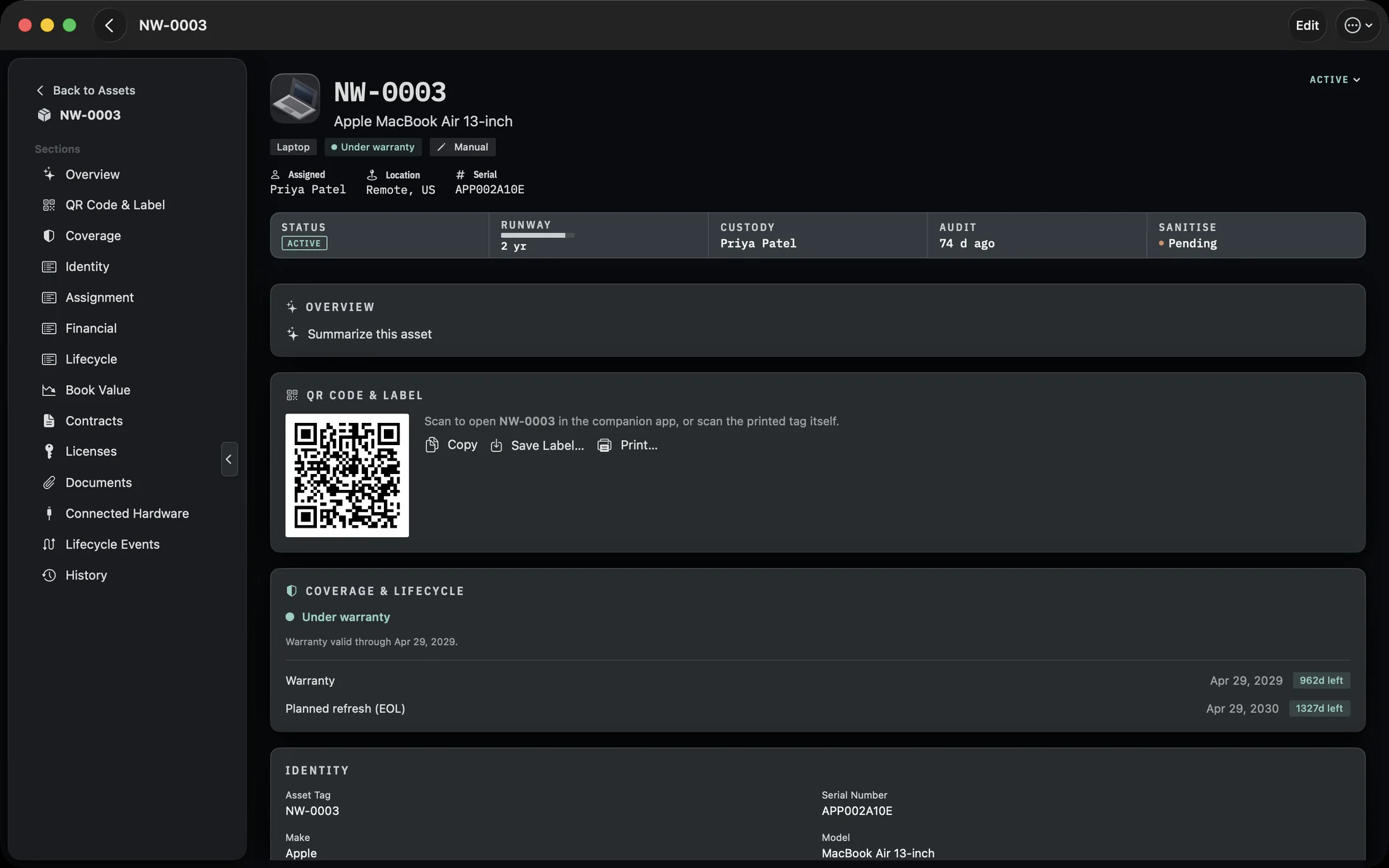 An asset record for NW-0003, an Apple MacBook Air 13-inch, showing the sections rail, the status cluster, the QR code card and the coverage section.