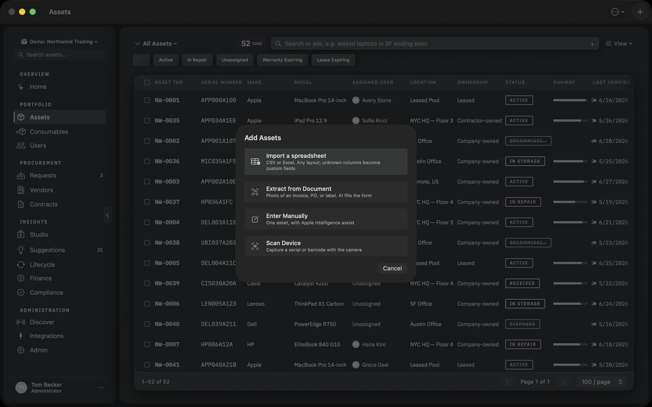 The Add Assets sheet offering Import a spreadsheet, Extract from Document, Enter Manually and Scan Device.