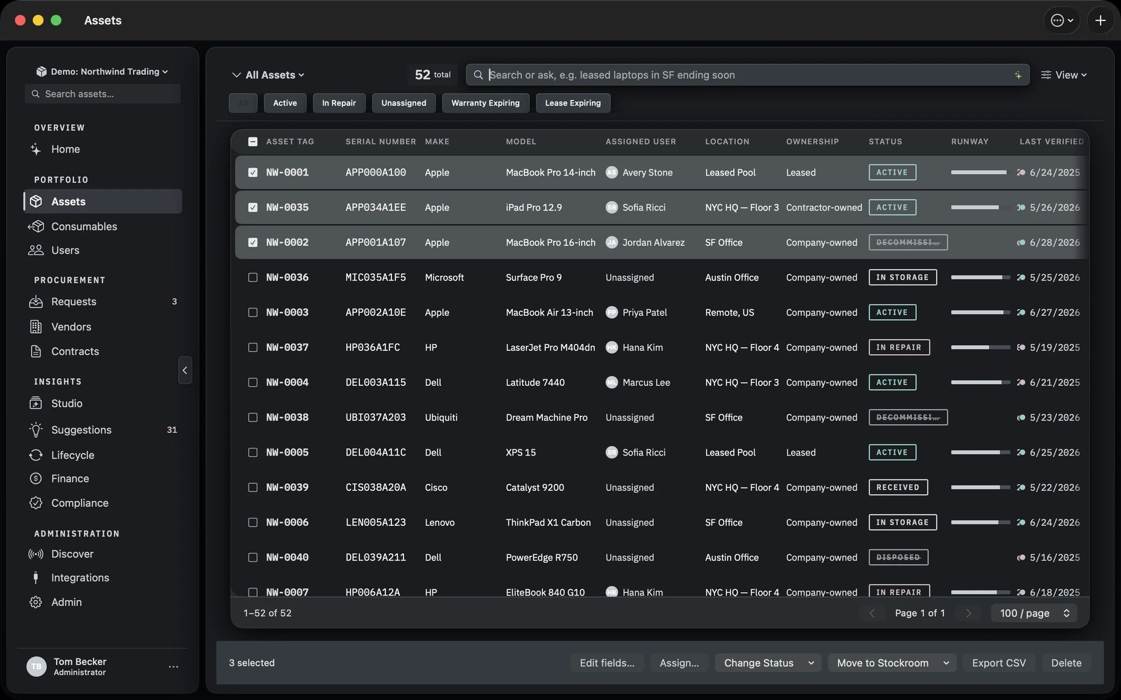 Three rows selected in the Assets table, with a bar along the bottom reading 3 selected, and buttons for Edit fields, Assign, Change Status, Move to Stockroom, Export CSV and Delete.