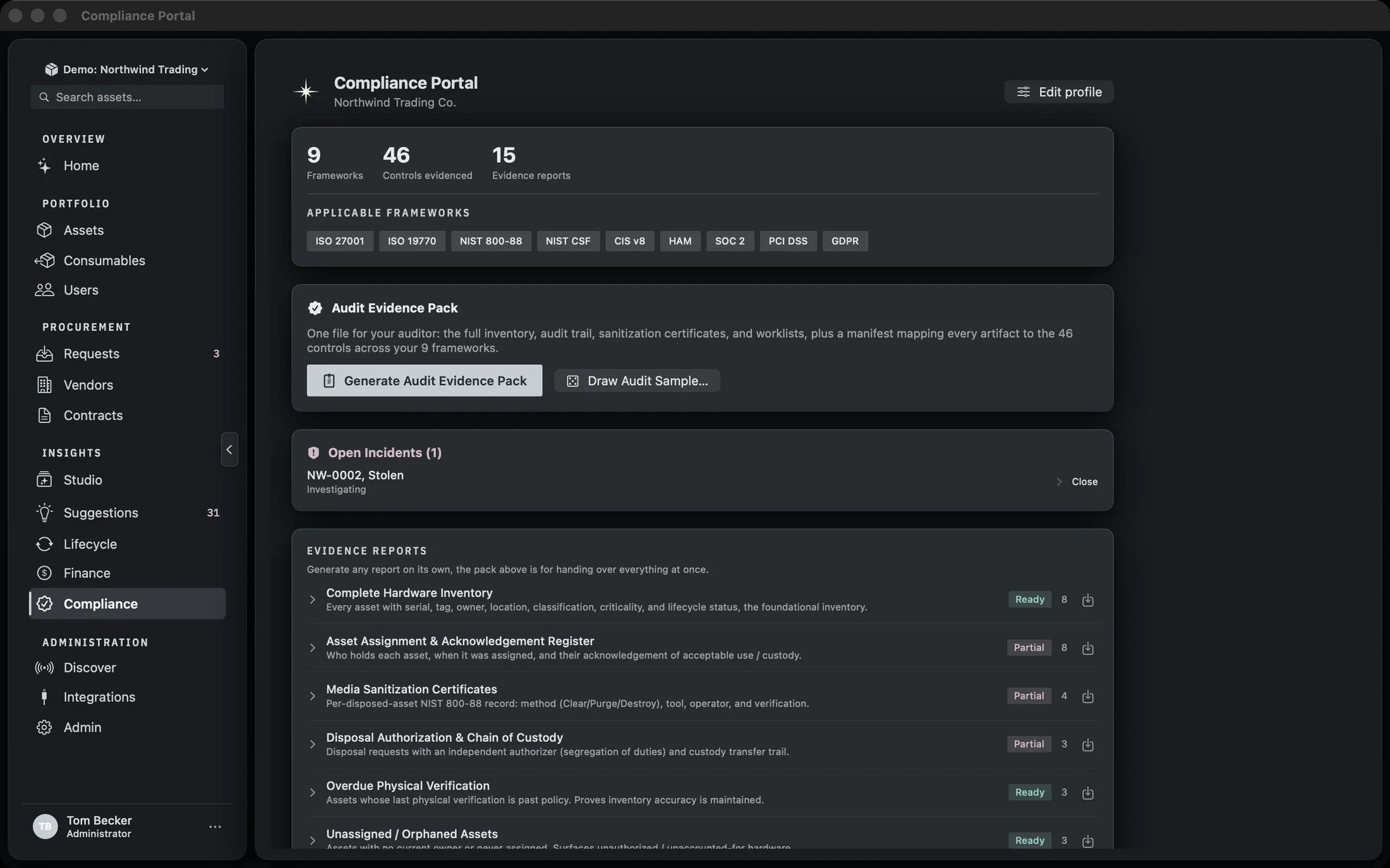 The Compliance screen showing the summary card with framework and control counts, the applicable framework chips, the Audit Evidence Pack card and the evidence reports list.