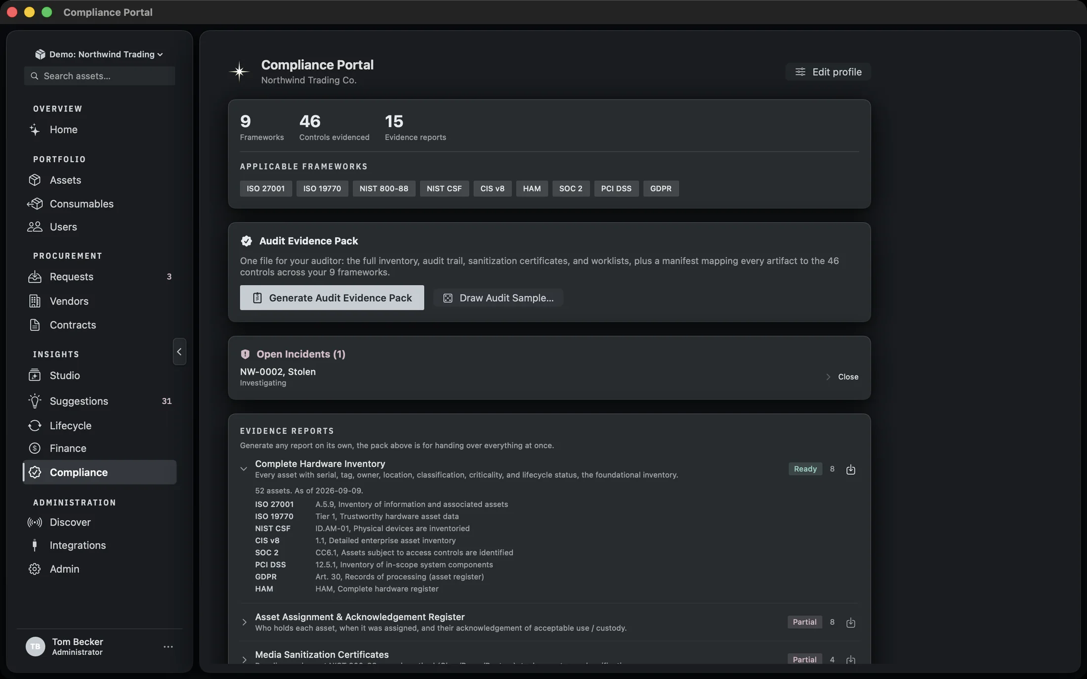 The evidence reports list with one row expanded, showing the coverage derivation and the controls it maps to.