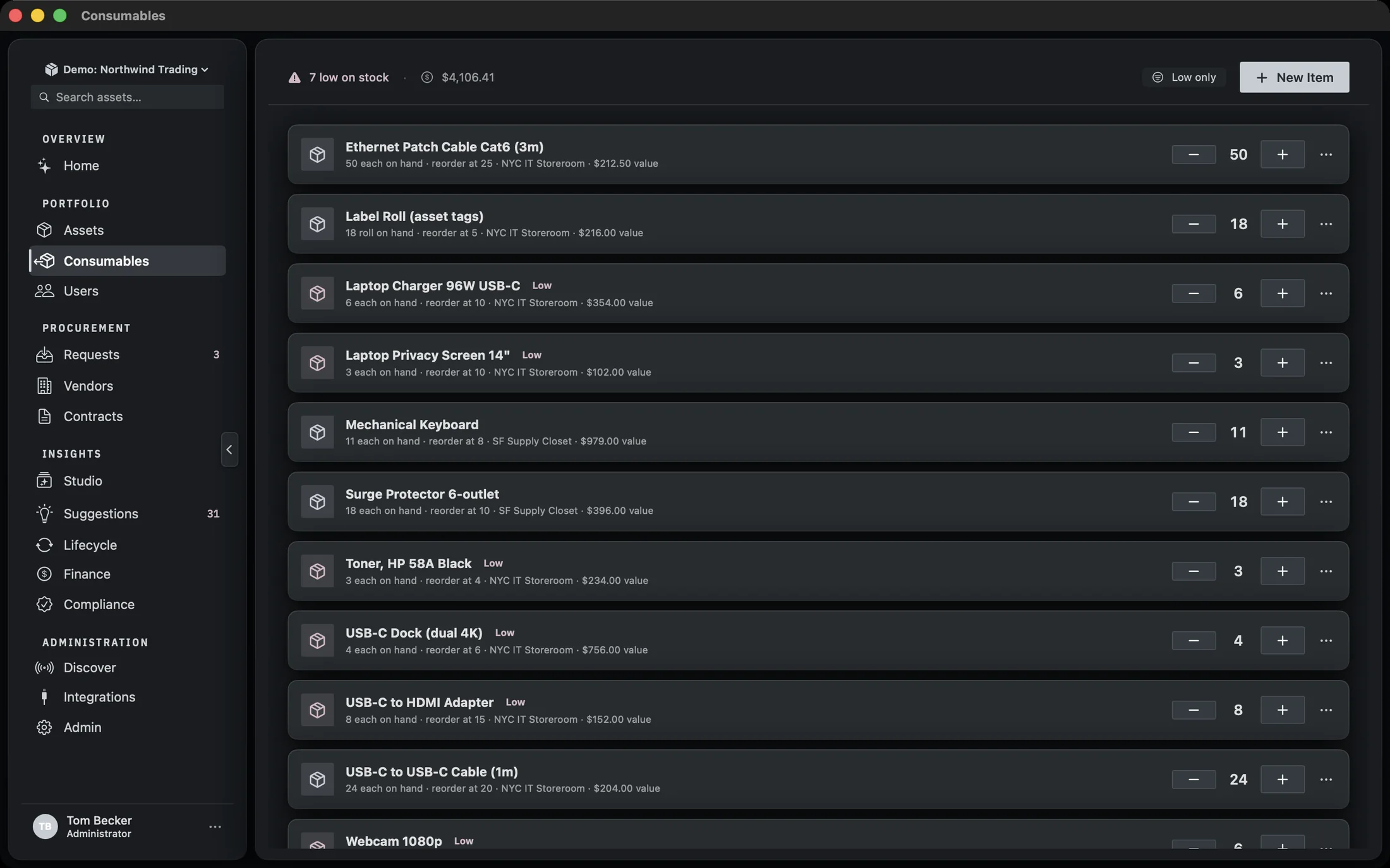 The Consumables screen showing a list of items with on-hand counts, low-stock badges, stockroom names and stock values, with a toolbar reading 12 items and a total value.