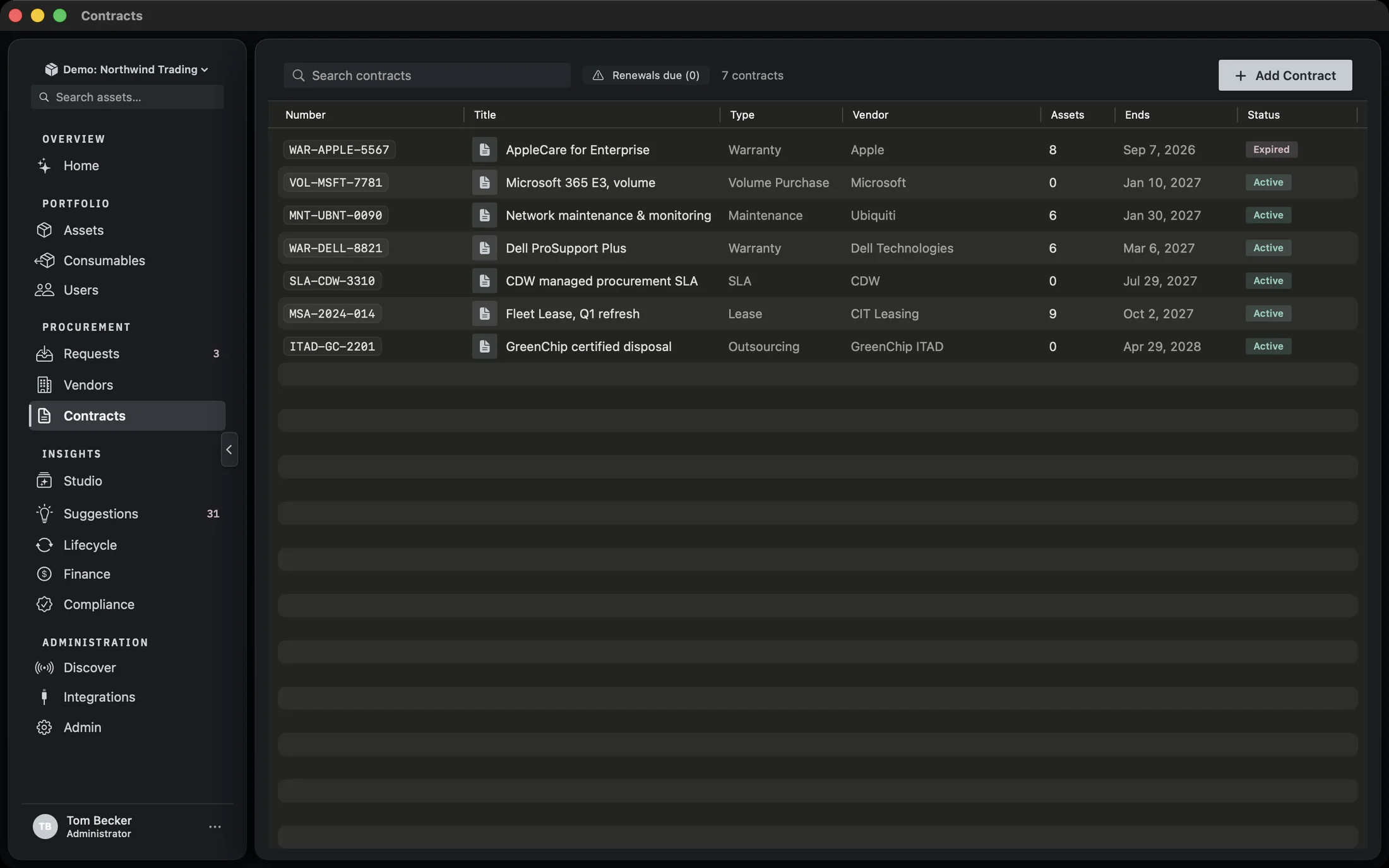The Contracts table showing rows with columns for number, title, type, vendor, assets, ends and status.