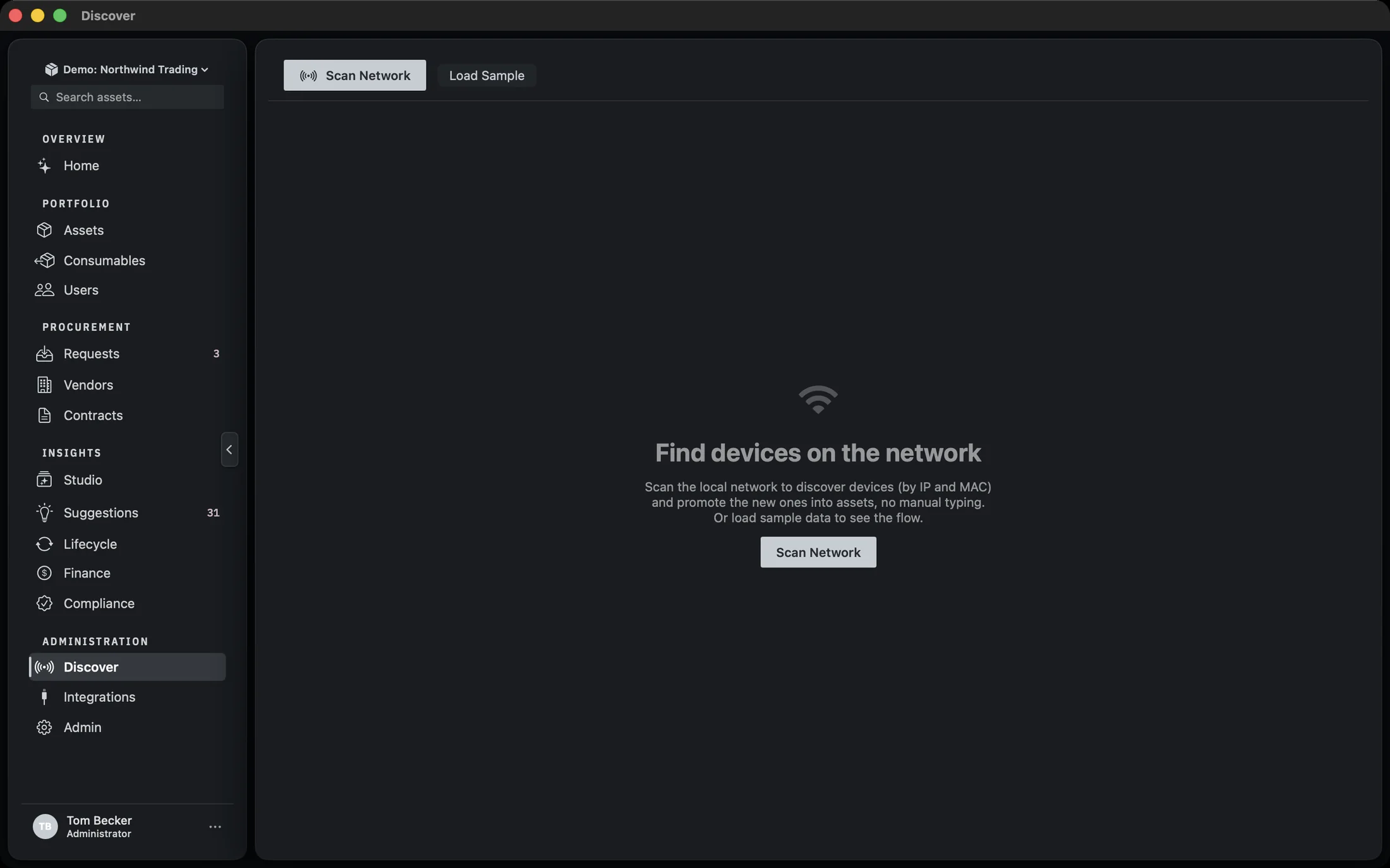 The Discover screen before any scan, showing the Find devices on the network empty state with a Scan Network button and a Load Sample button in the toolbar.