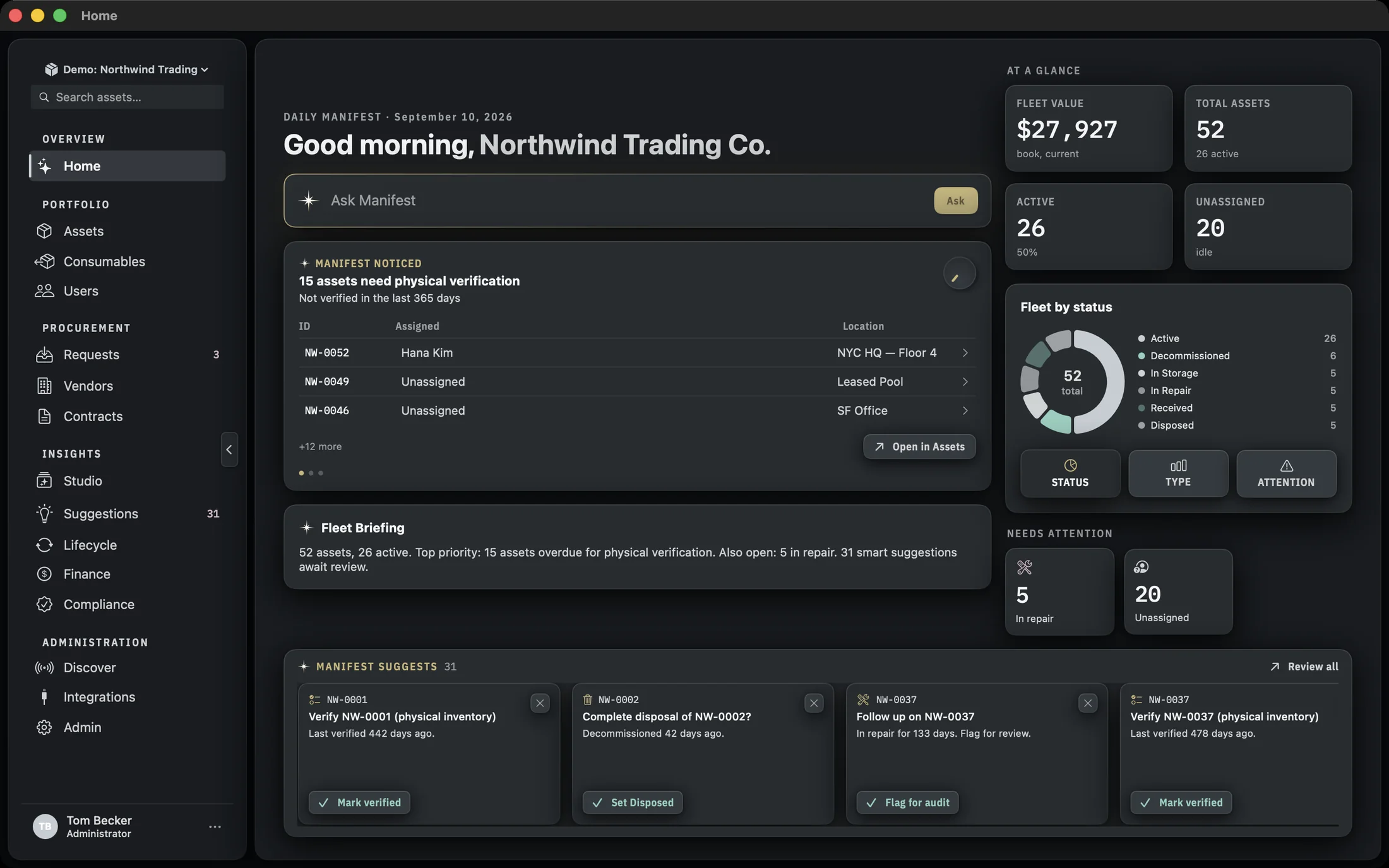 The Home screen showing the DAILY MANIFEST header, the Ask Manifest bar, the MANIFEST NOTICED card with a knob dial, the Fleet Briefing card, and the AT A GLANCE cluster on the right.