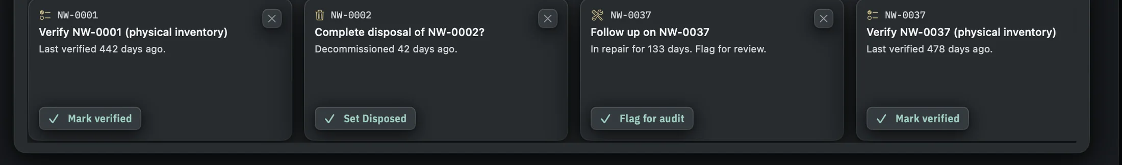 The MANIFEST SUGGESTS strip along the bottom of the Home, showing a count and a horizontal row of suggestion chips, each with a tag, title, detail, an action button and a dismiss control.