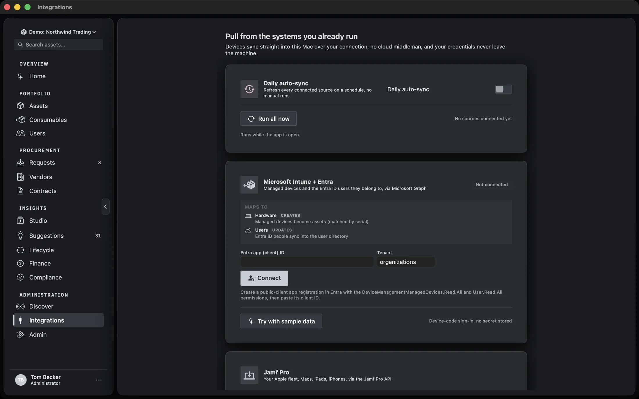 The Integrations screen showing the Daily auto-sync card, then Microsoft Intune, Jamf Pro, Okta, Google Workspace, Manufacturer warranty and CSI Leasing cards, with a roadmap section below.